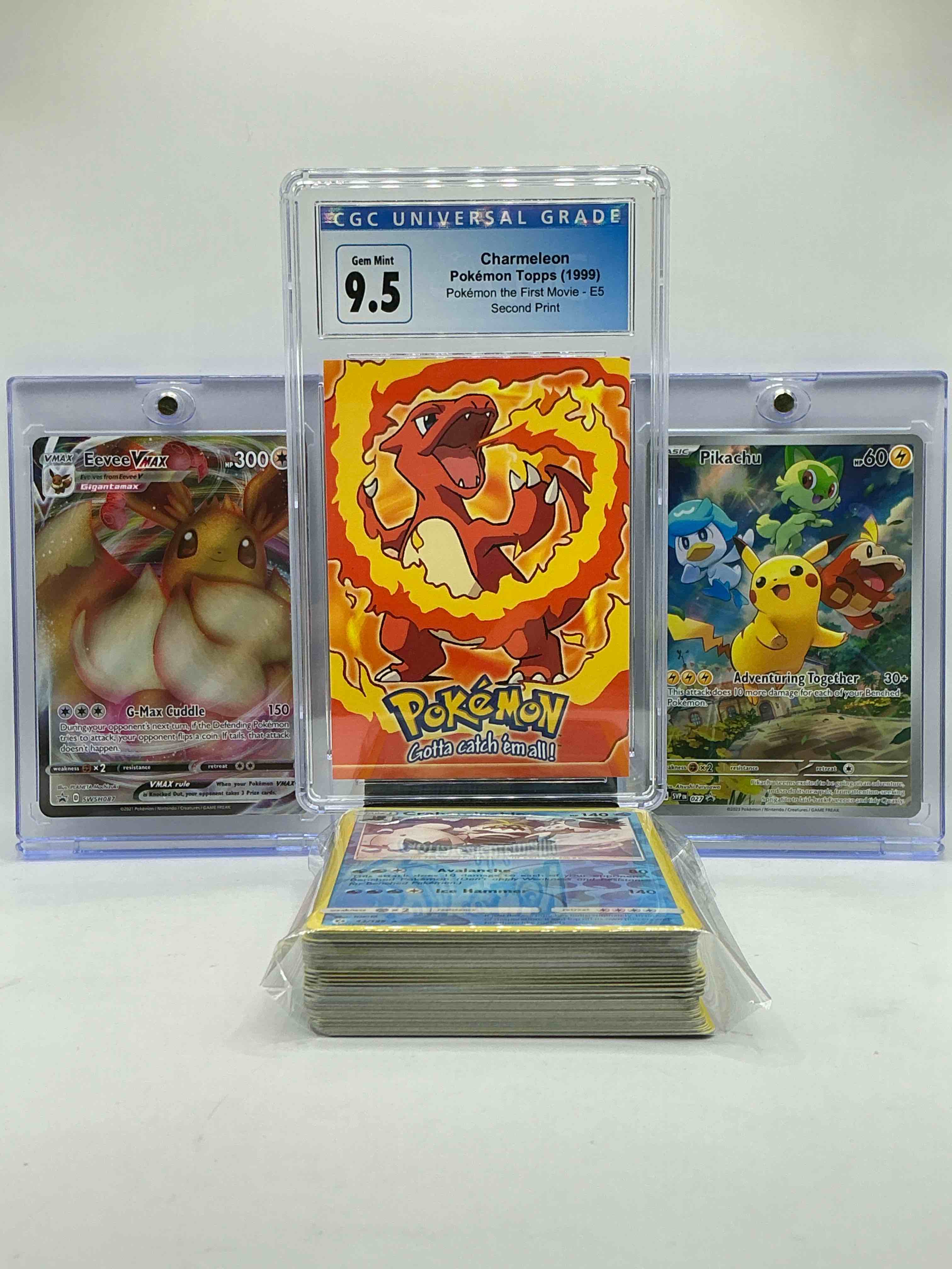 Pokémon Party! Charmeleon Gem Mint 9.5 Ultra Rare 1999 Card, Eevee VMAX HOLO & Pikachu Rare Adventure Card Holo! Insane Trio… Along With Commons, Holos, Legends & More, 50 Card Craziness!