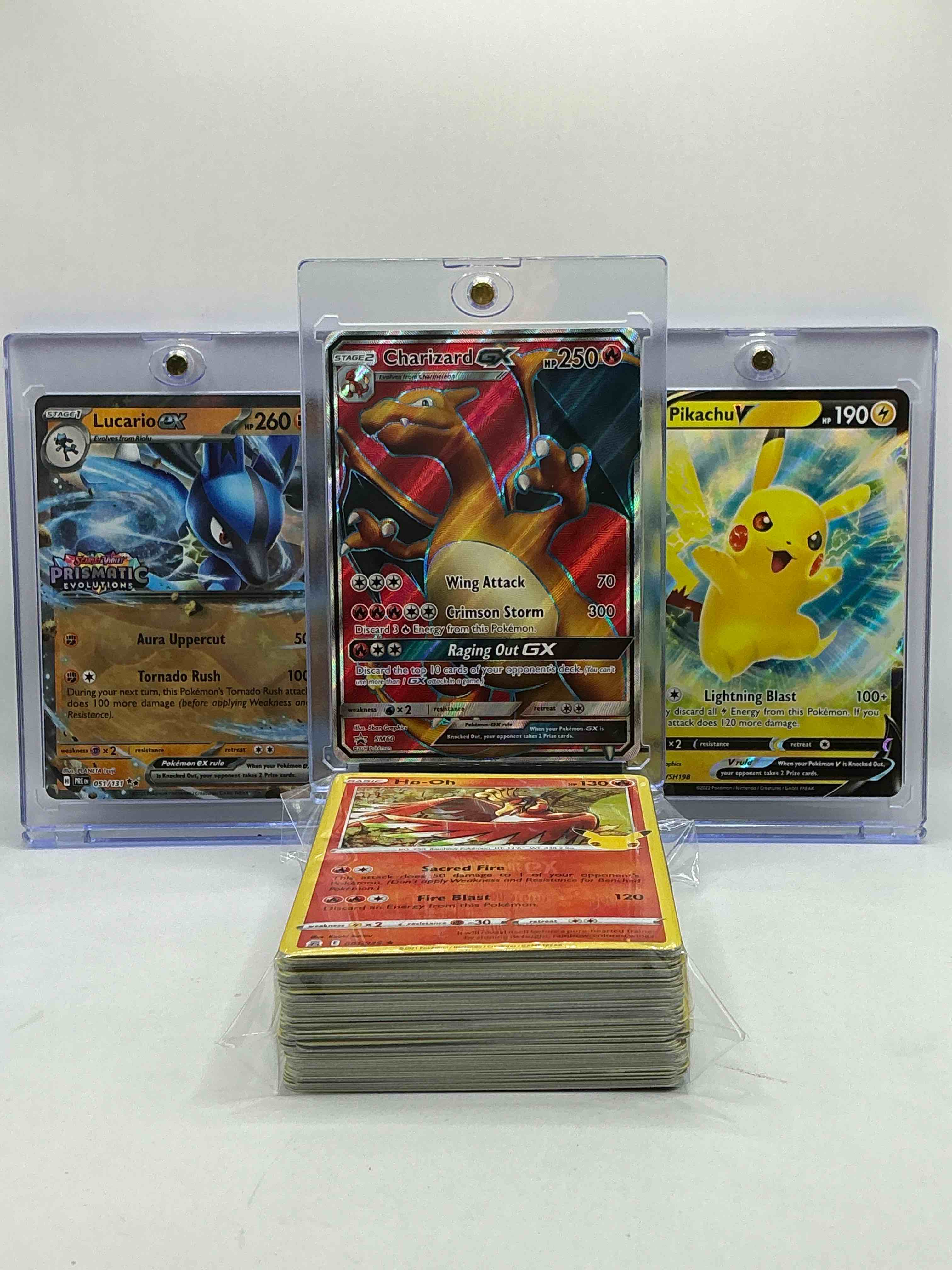 Ultra Rare Charizard GX HOLO, Lucario EX Holo & Pikachu V Holo! Big Three Pokémon Some Of The Most Rare! Commons, Holos, Rarities & More! 50 Card Pokémon Lot!