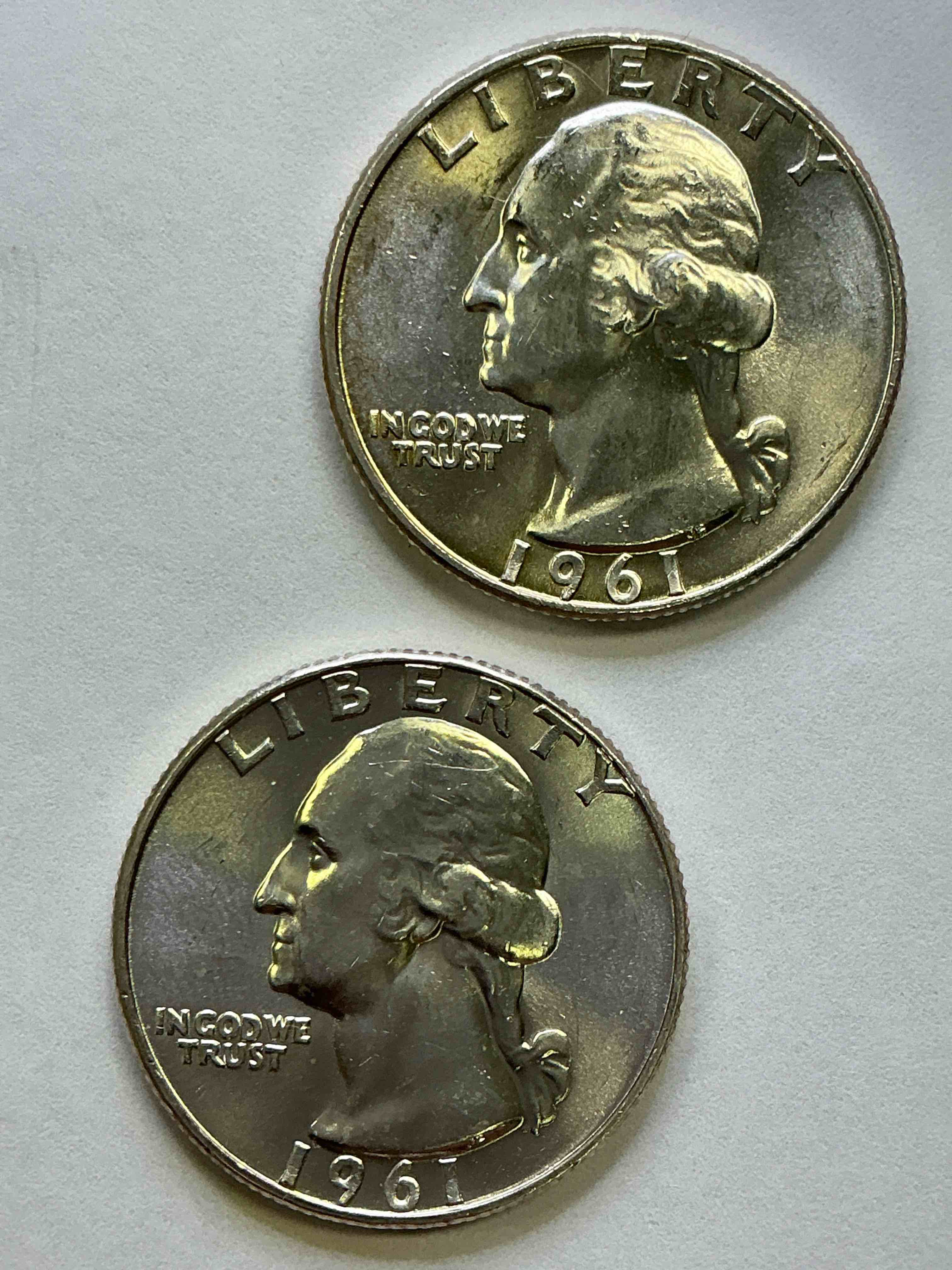George Washington Brilliant Uncirculated Silver! Pre 1965 U.S. Quarter Dollar Coins Were Actually Silver, Here Are two Great Examples Of Awesome, Pristine George Washington Silver Quarters, Stunning & Uncirculated! Rare 1961 Mints! Great For Investing In Precious Metals! These Coins Were Minted At 90% Silver and 10% Copper, Giving Them A Net Weight Of .18084 Ounces Of Pure Silver Per Coin! Very Hard To Find Uncirculated, Stunning! Invest In Fine U.S. Silver!