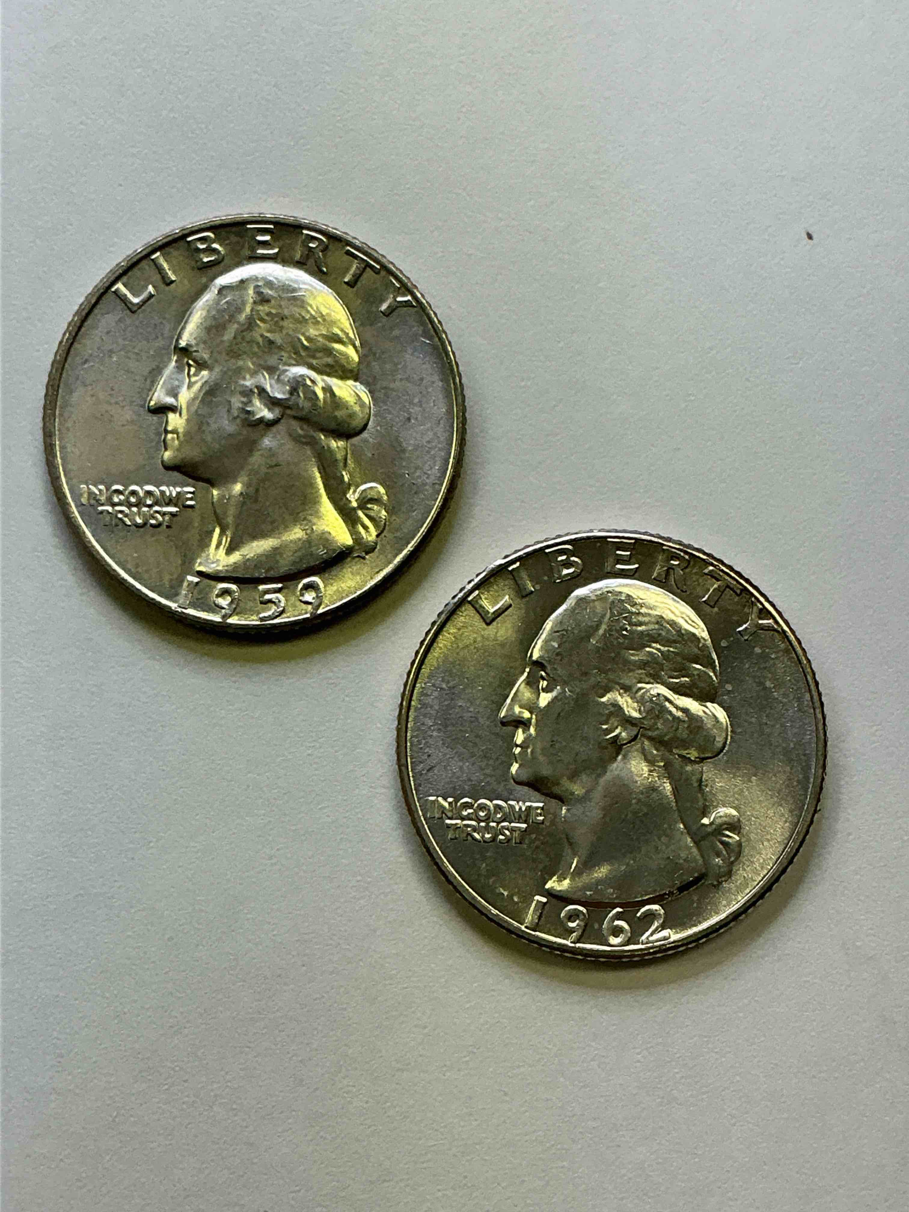 George Washington Brilliant Uncirculated Silver! Pre 1965 U.S. Quarter Dollar Coins Were Actually Silver, Here Are two Great Examples Of Awesome, Pristine George Washington Silver Quarters, Stunning & Uncirculated! Rare 1962 & 1959 Mints! Great For Investing In Precious Metals! These Coins Were Minted At 90% Silver and 10% Copper, Giving Them A Net Weight Of .18084 Ounces Of Pure Silver Per Coin! Very Hard To Find Uncirculated, Stunning! Invest In Fine U.S. Silver!