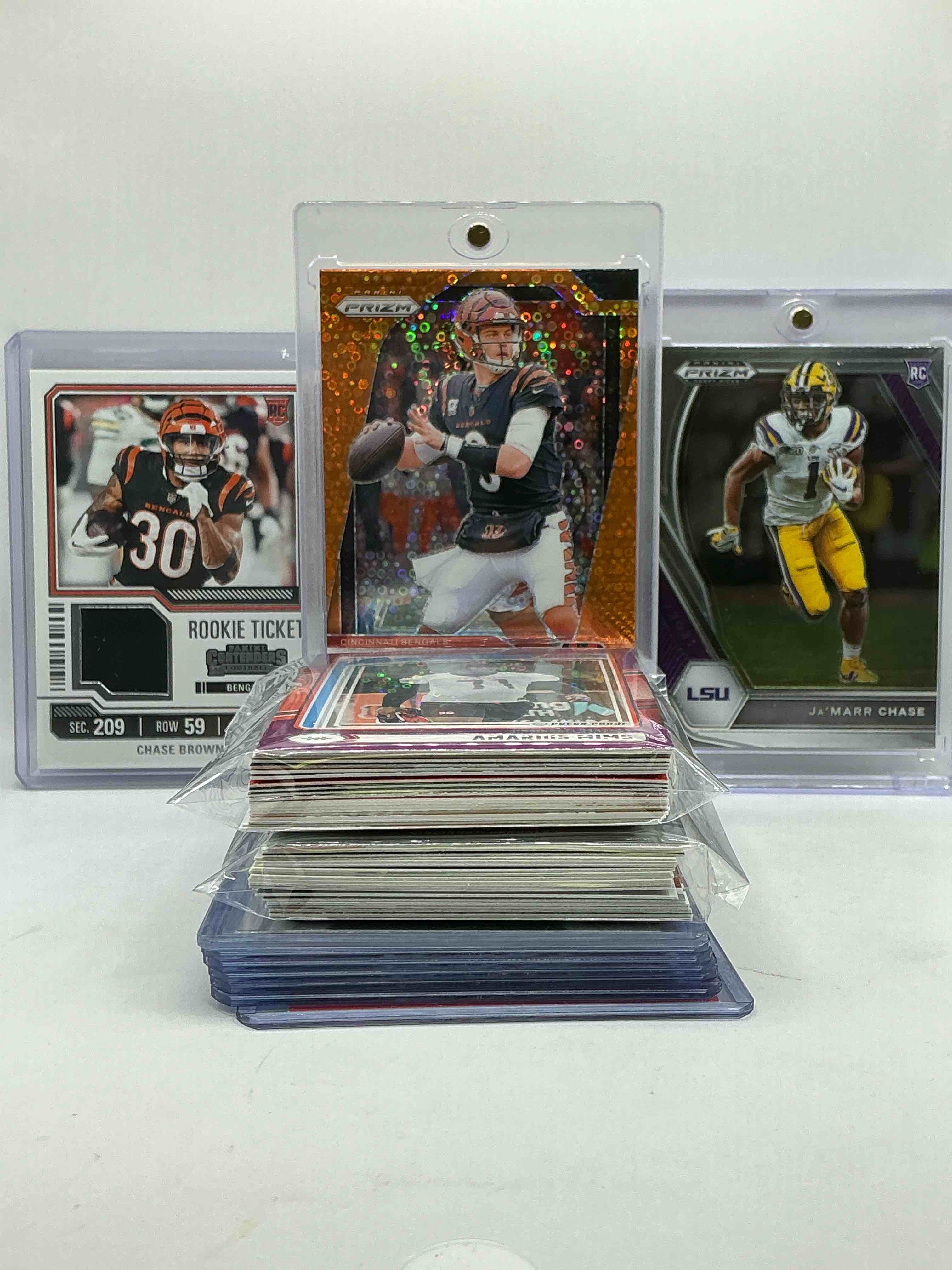 Modern Bengals! Modern Cincinnati Bengals 50 Card Lot, With Orange Disco Prizm Joe Burrow & Ja’marr Chase Prizm Rookie! What!? No Way! Insane Bengals Galore! Rookies, Legends, More! 50 Card Commons & Heroes!