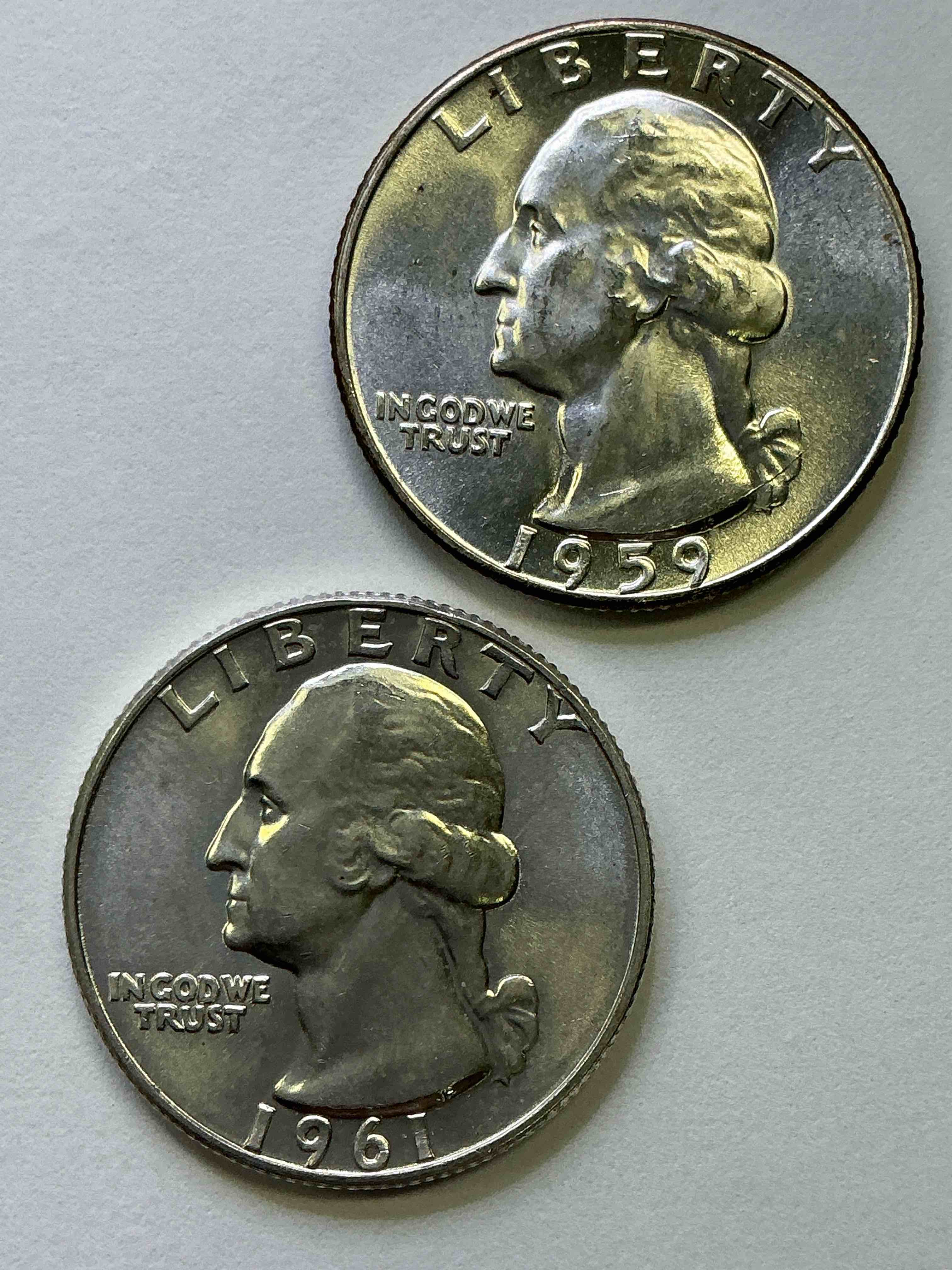 George Washington Brilliant Uncirculated Silver! Pre 1965 U.S. Quarter Dollar Coins Were Actually Silver, Here Are two Great Examples Of Awesome, Pristine George Washington Silver Quarters, Stunning & Uncirculated! Rare 1961 & 1959 Mints! Great For Investing In Precious Metals! These Coins Were Minted At 90% Silver and 10% Copper, Giving Them A Net Weight Of .18084 Ounces Of Pure Silver Per Coin! Very Hard To Find Uncirculated, Stunning! Invest In Fine U.S. Silver!
