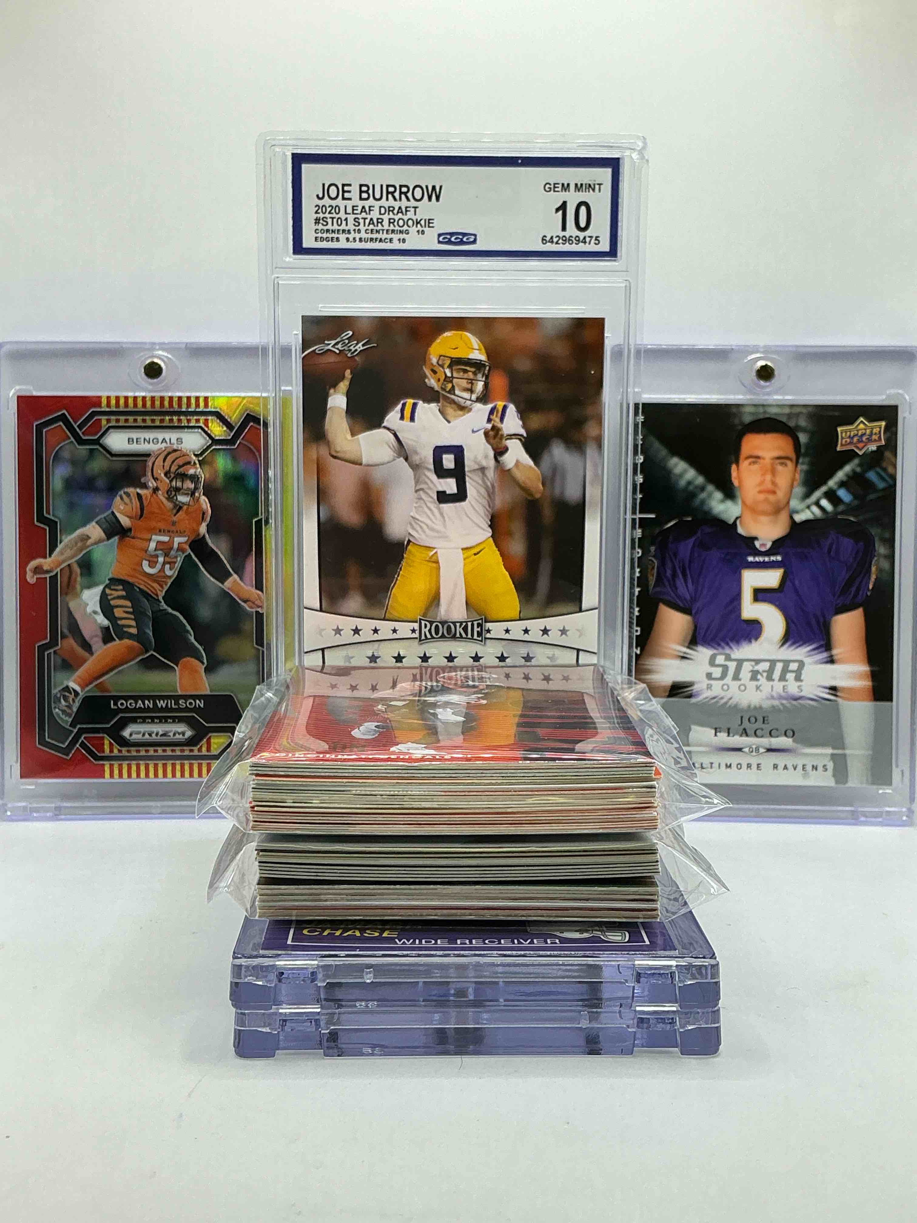 Bengals Bros! Joe Cool Rookie… TIMES TWO! Joe Flacco Upper Deck Rookie! Joe Burrow Gem Mint 10, Logan Wilson /44, Ja’marr Chase Rookie & More! Insane Bengals… Vintage & New 50 Card Lot! Commons & Legends Included!