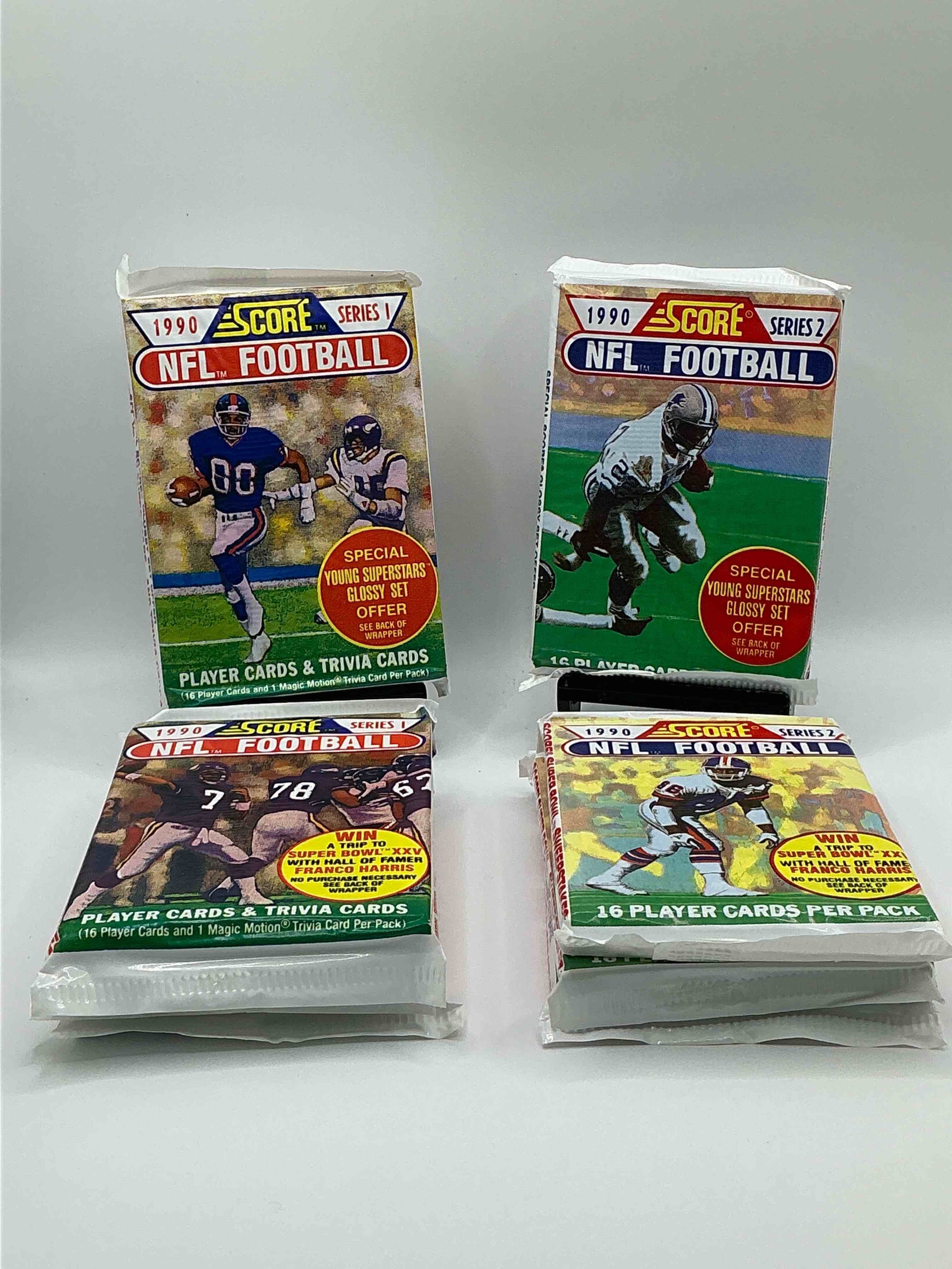 1990 score series 1 & 2 football sealed packs! direct from original retail case! search for barry sanders, jerry rice, joe montana & other 80's stars!