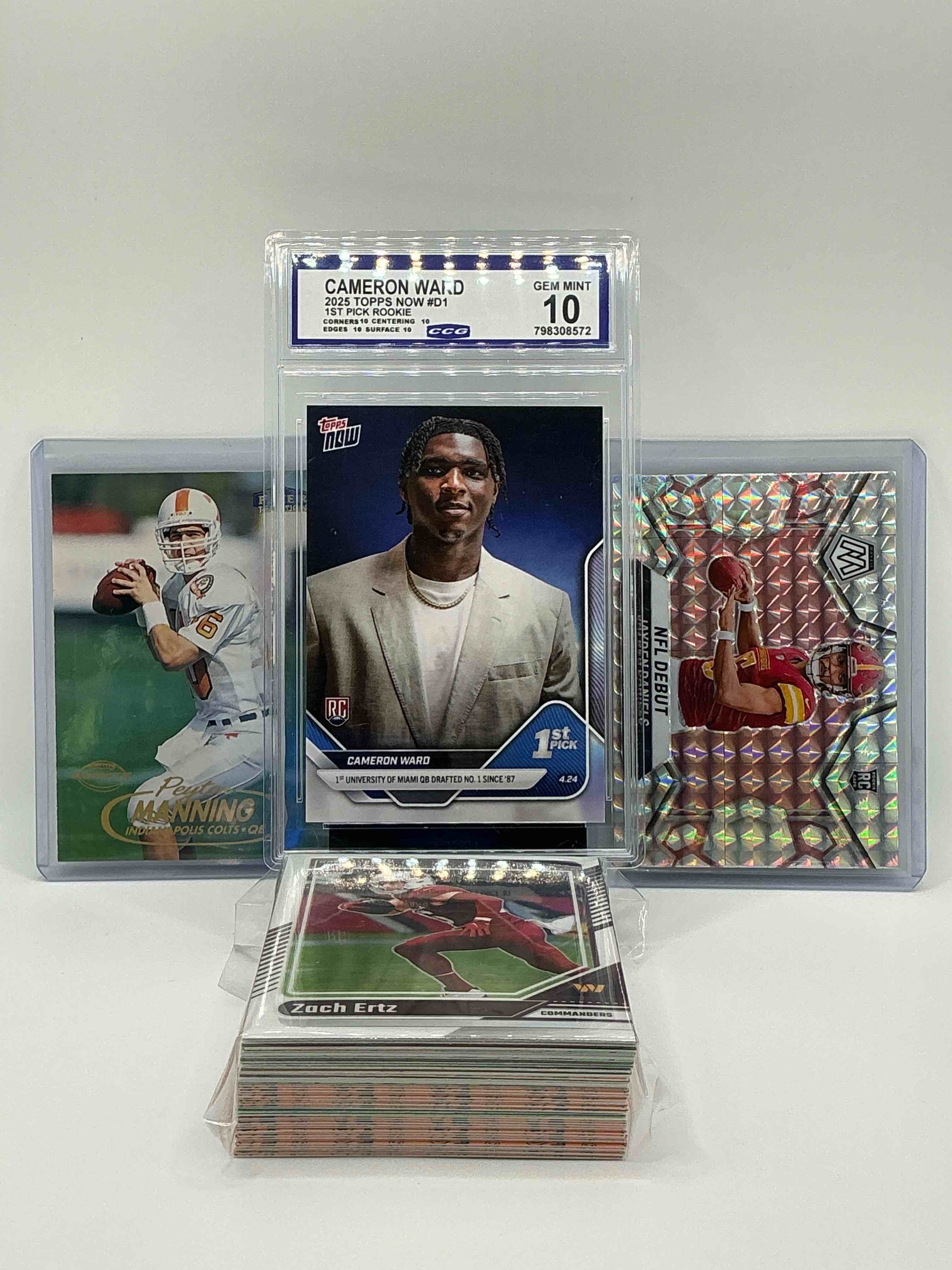Cool Card Craziness! 2025 Topps Now 1st Pick Cam Ward Rookie Graded A Perfect 10! Tennessee Legend Peyton Manning 1998 Fleer Tradition Rookie & A 2024 Panini Mosaic Silver Refractor Rookie Jayden Daniels! Along With 50 Other NFL Cards From Every Era!