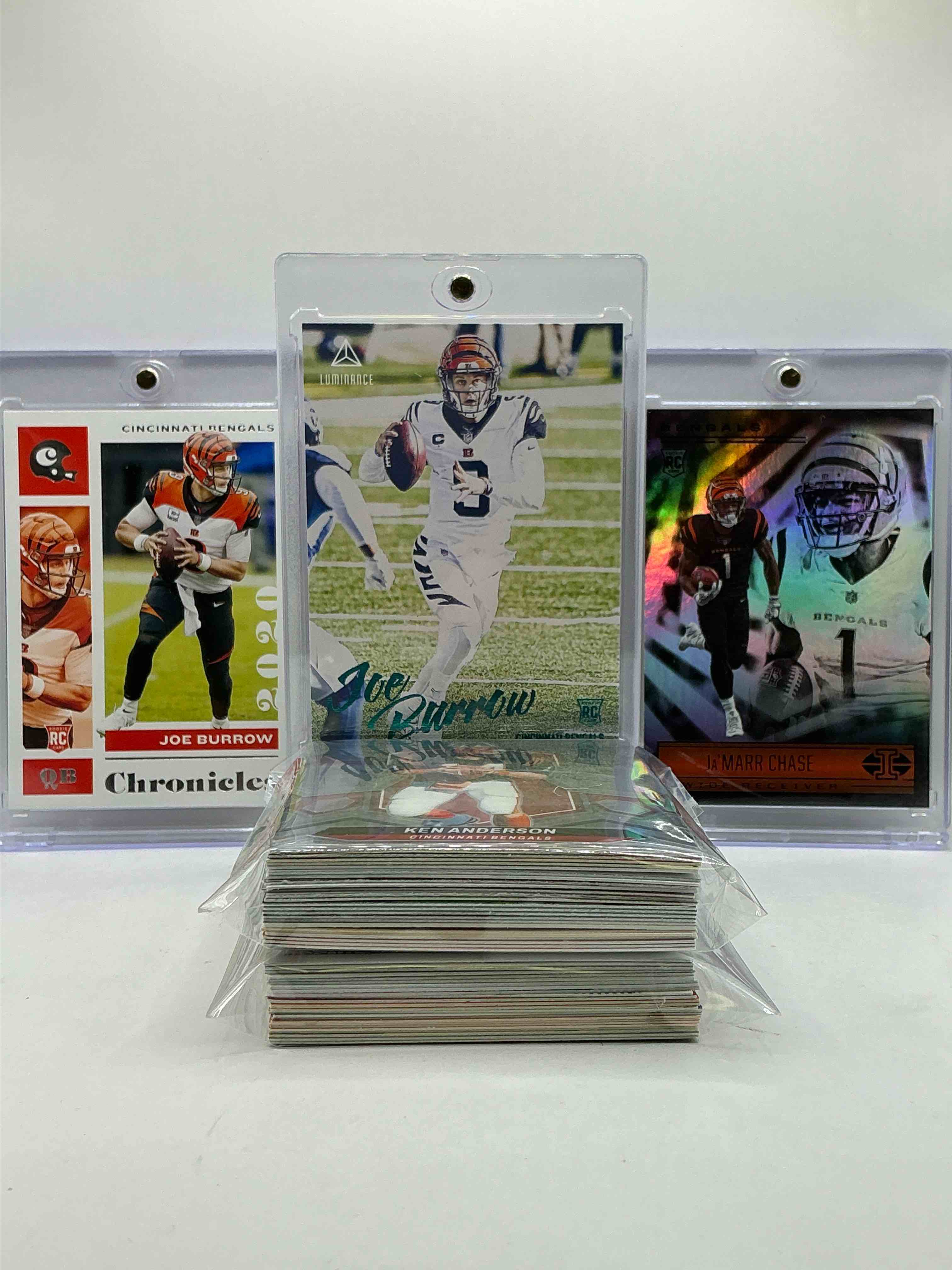 Joe Burrow Chronicles Rookie Card Combo, Ja’marr Chase Illusions Rookie Card, Along With Commons, Heroes, Rookies & More! 50 Card Lot, Includes Bengals From All Ages, Vintage & New!