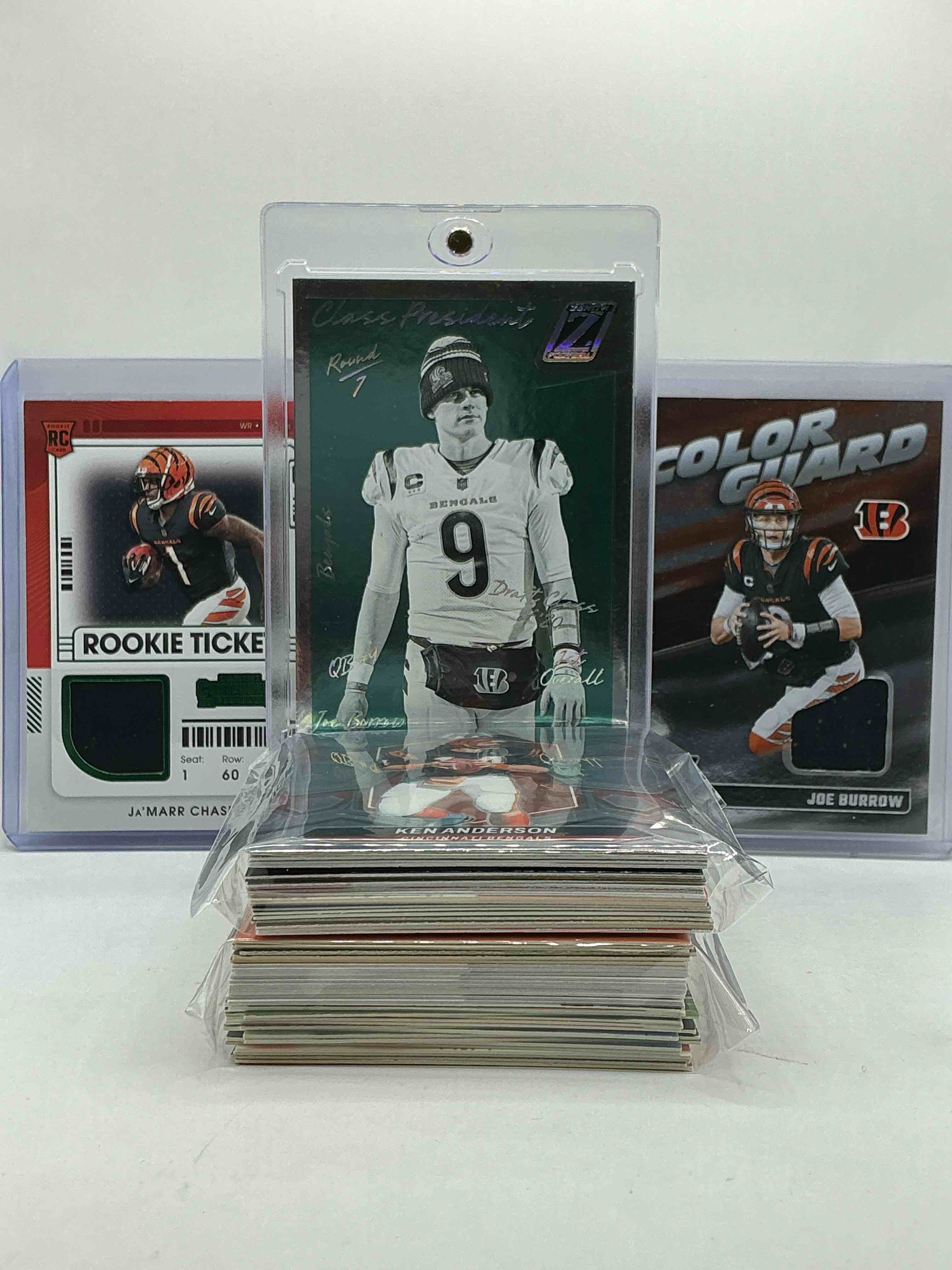 Bengals Bonanza! Joe Burrow Class President Card, Ja’marr Chase Rookie Jersey Card & Joe Burrow Zenith ColorGuard Jersey Card Wow! Insane Trio! This 50 Card Bengals Lot Also Includes, Commons, Rookies, Legends & More! Vintage & New! Perfect For Any Bengals Fan!