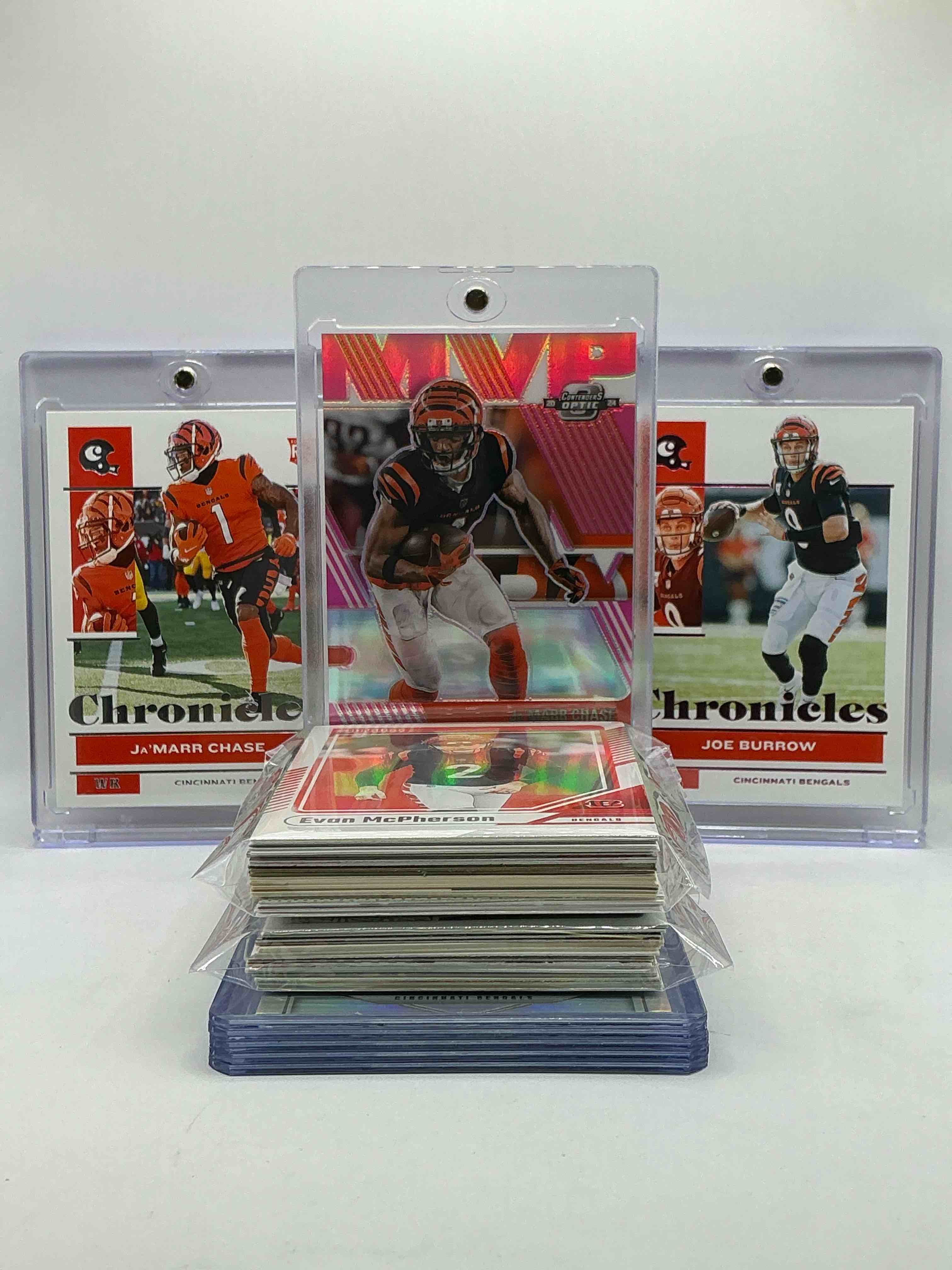 Bengals Bros Bonanza! Ja’marr Chase Pink Optic MVP Contenders Card, Chronicles Rookie Card & Joe Burrow Chronicles Card Match! 50 Card Bengals Lot! Including Chase Rookies, Vintage & New Bengals, Heroes, Rookies, Legends & More!
