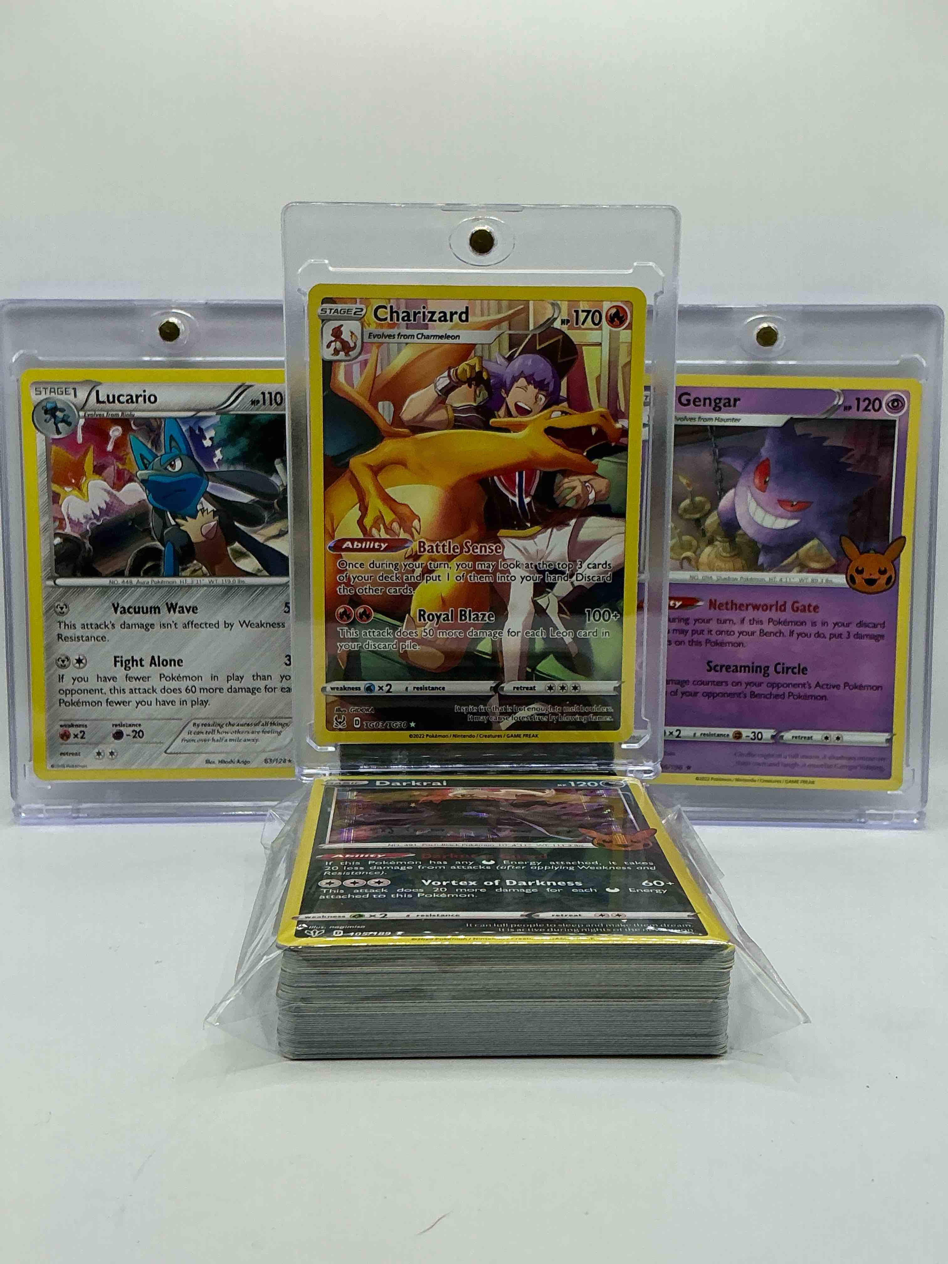Charizard, Lucario & Gengar! Whoa! Big Three Pokémon… Some Of The Most Coveted Pokemon! Holos! This 50 Card Lot Contains Commons, Holos, Legends & More!