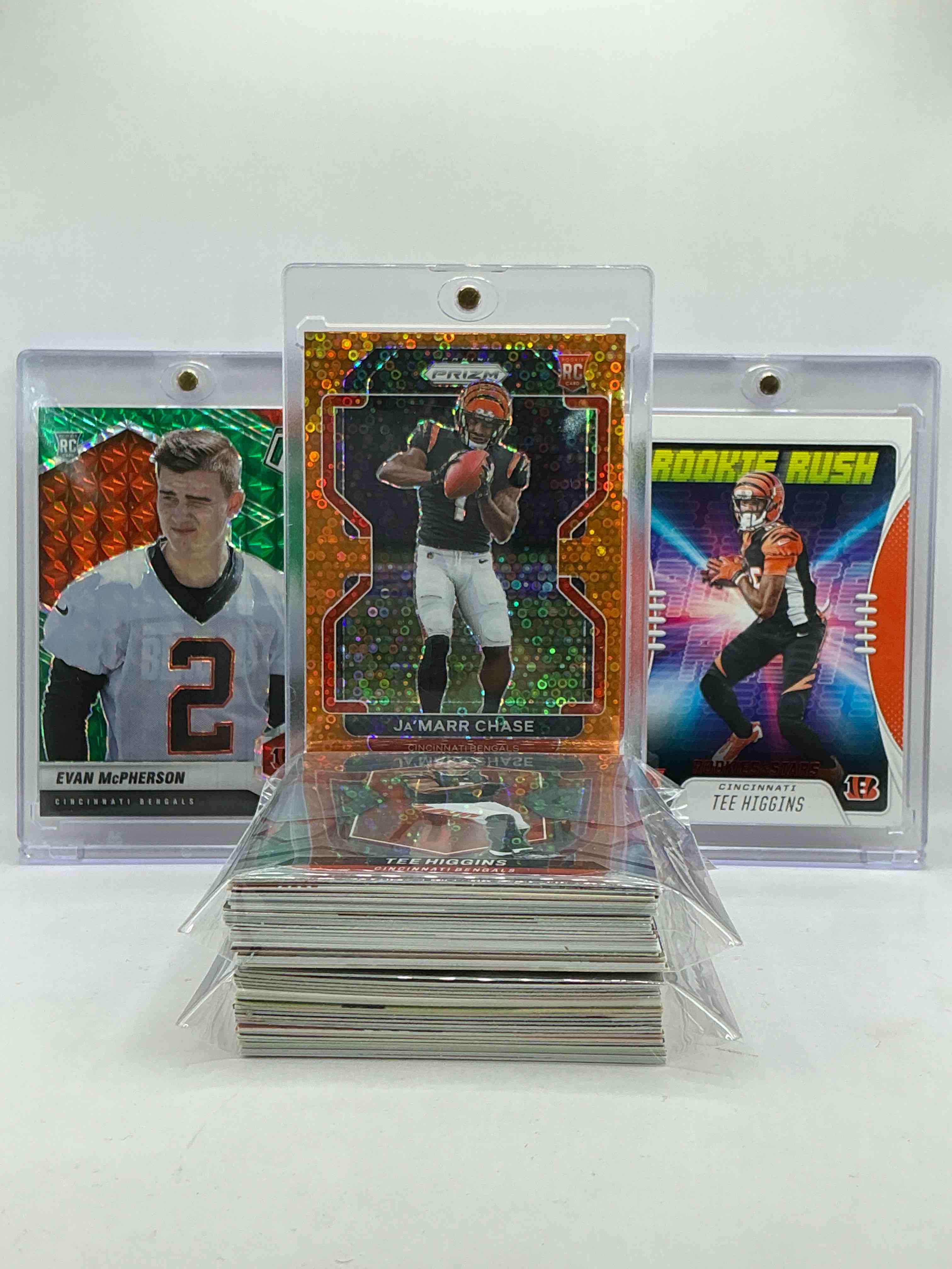 Ultra Rare! Ja’marr Chase Orange Disco Prizm Rookie Card, Evan McPherson Green Mosaic Rookie & Tee Higgins Red Foil Rookie Rush Rookie Card! Insane 50 Card Bengals, Vintage & New! Commons , Legends, Rookies & More!