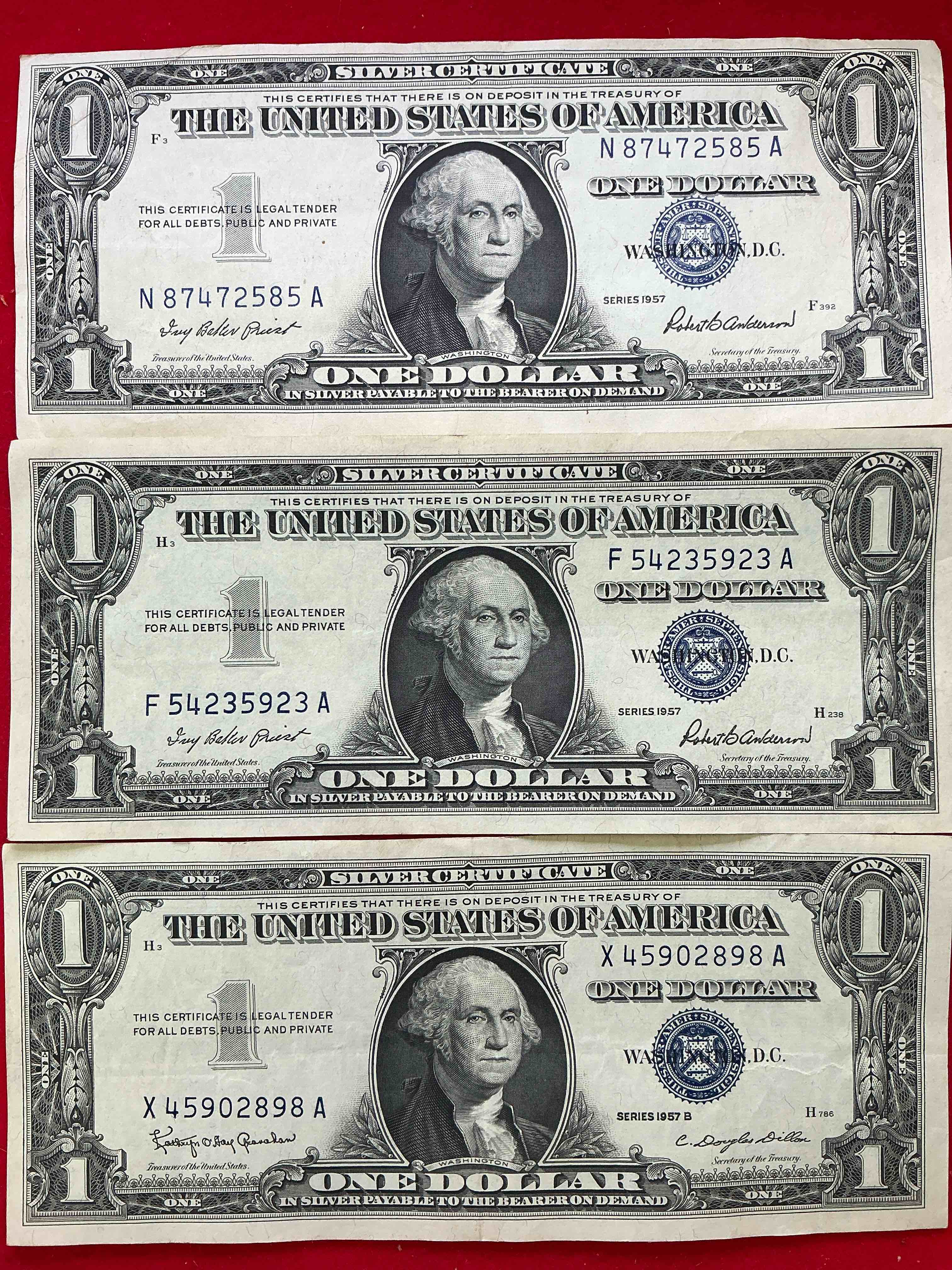 1957 Series Silver Certificates! Did You Know That Prior To 1964 One Dollar U.S. Paper Money Was Actually Redeemable For Silver Dollars?! Wow How Times Have Changed! Silver Certificates Were Produced From 1878 To 1964 & Are Still Considered Legal Tender At Face Value. Here Are Gorgeous, Circulated 1957 U.S. One Dollar Silver Certificate, With Highly Collectible "Blue Seal!* Own An Awesome Piece Of History!