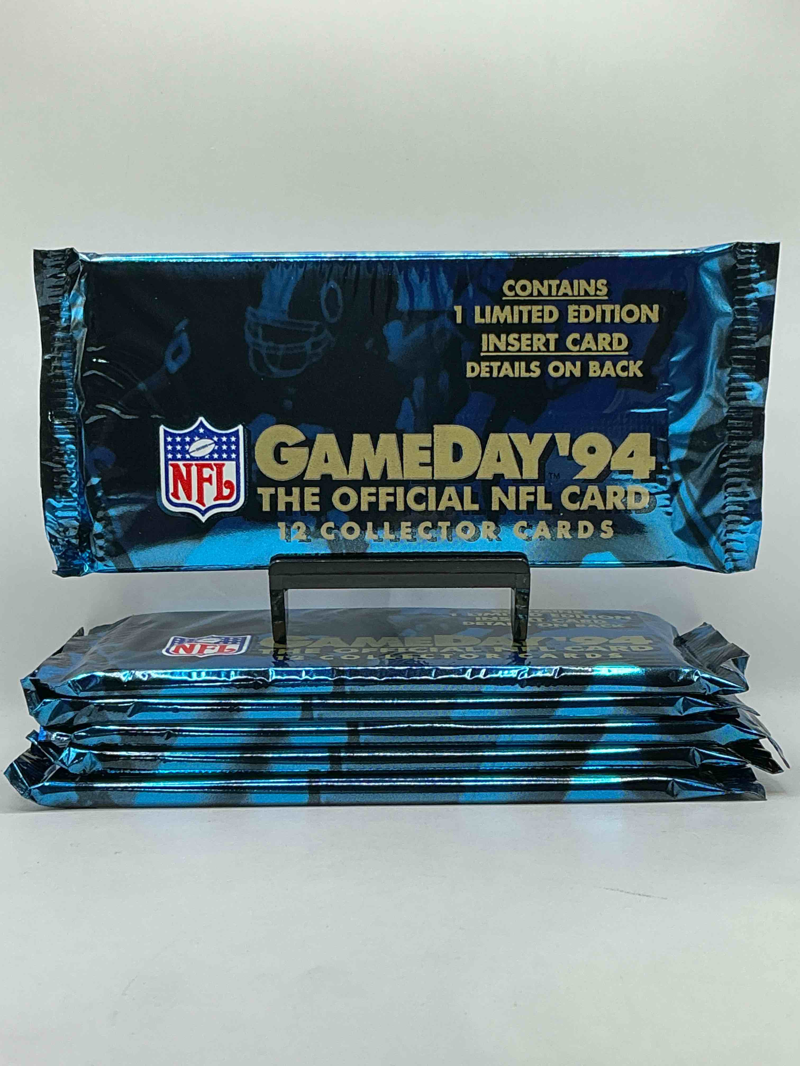 1994 NFL GAMEDAY Official NFL Cards! Contains 1 Limited Edition Insert Card, Look For Legends, Heroes, Hall Of Famers & More! Try To Collect All Four Limited Edition Insert Sets! Gamebreakers, Rookie Standouts, Second Year Star & Flashing Stars Cards!