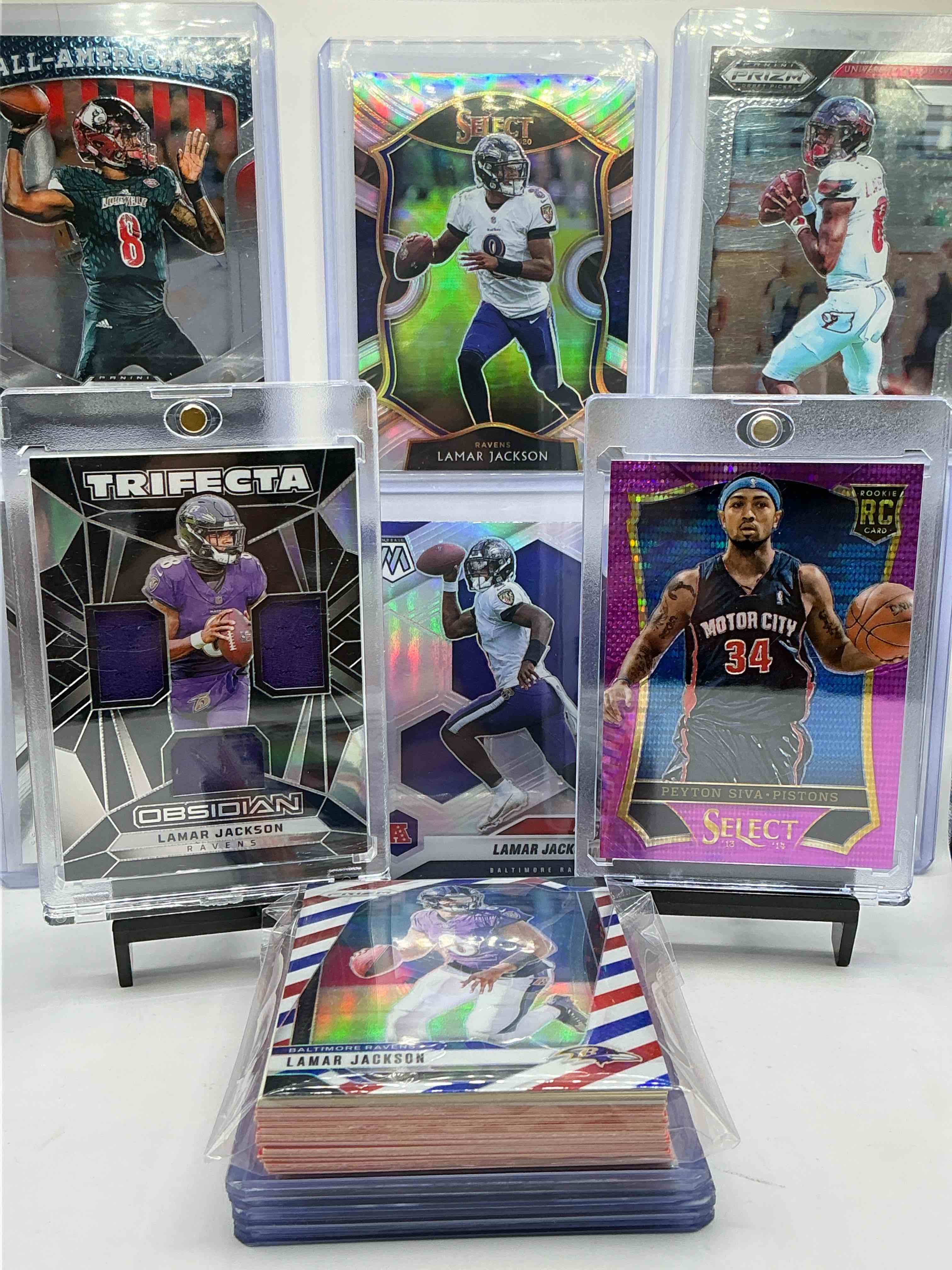 Lamar Jackson Triple Patch Trifecta Obsidian Holo Card, Peyton Siva Purple Disco Rookie Card, Lamar Prizm Louisville Cards, Rare Cards & More! Louisville Legends Lot! Insane Lot, 50 Card Lot Includes Commons, Legends & More!
