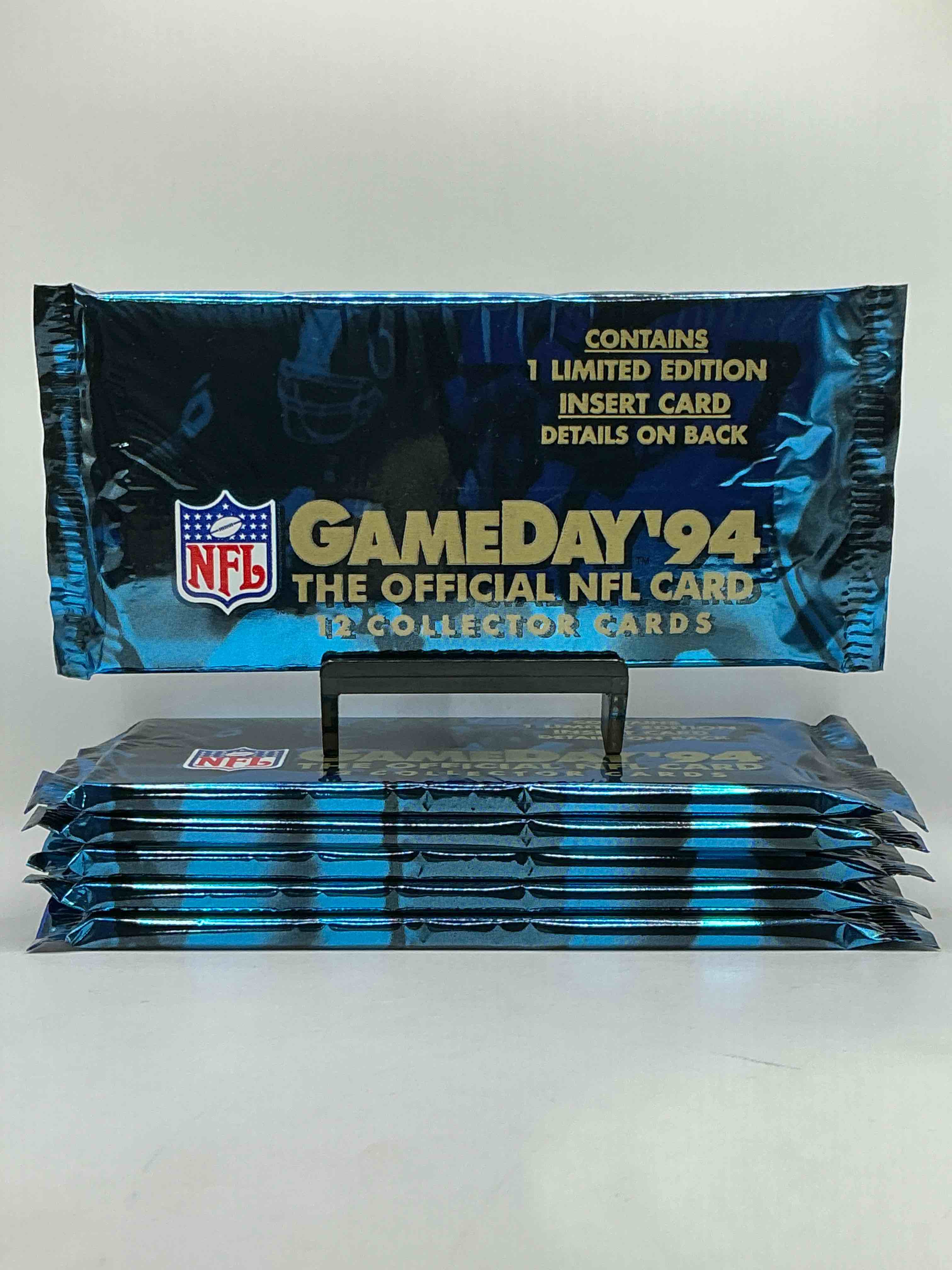 1994 NFL GAMEDAY Official NFL Cards! Contains 1 Limited Edition Insert Card, Look For Legends, Heroes, Hall Of Famers & More! Try To Collect All Four Limited Edition Insert Sets! Gamebreakers, Rookie Standouts, Second Year Star & Flashing Stars Cards!