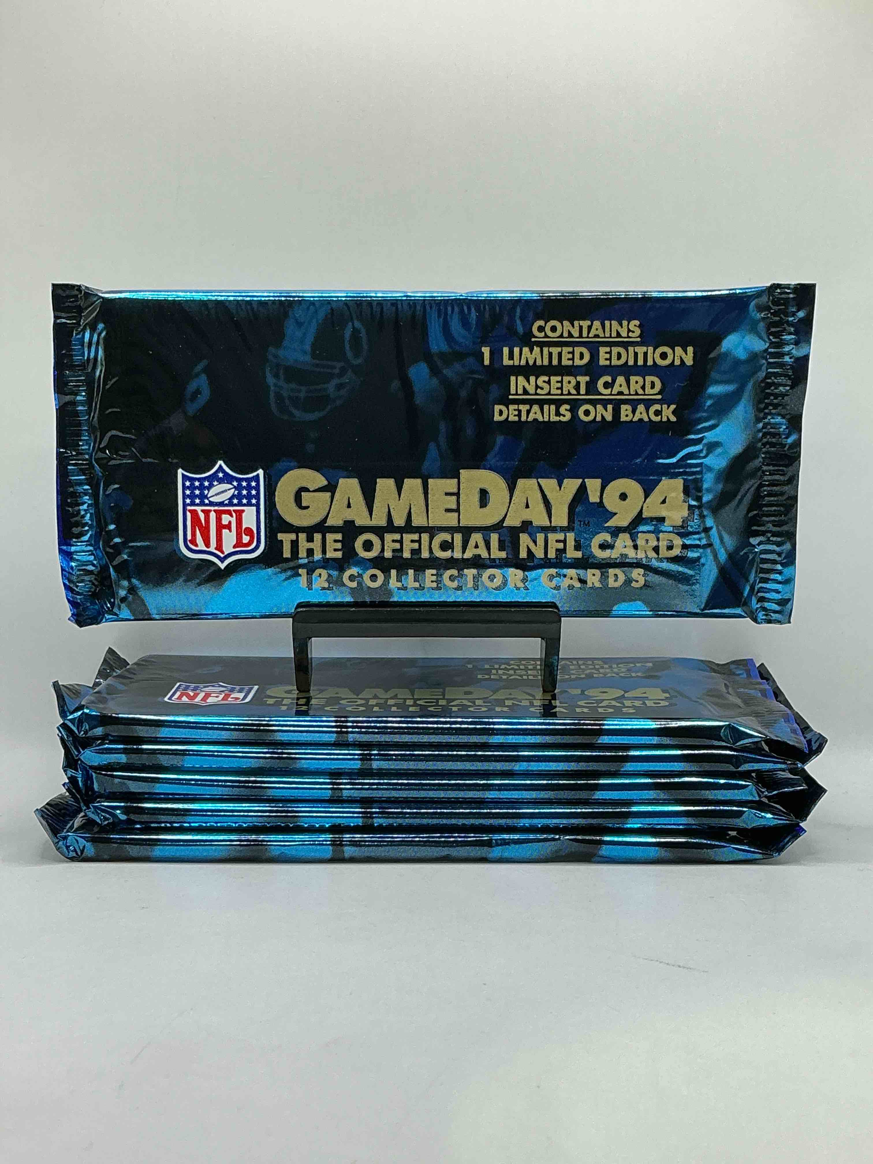 1994 NFL GAMEDAY Official NFL Cards! Contains 1 Limited Edition Insert Card, Look For Legends, Heroes, Hall Of Famers & More! Try To Collect All Four Limited Edition Insert Sets! Gamebreakers, Rookie Standouts, Second Year Star & Flashing Stars Cards!