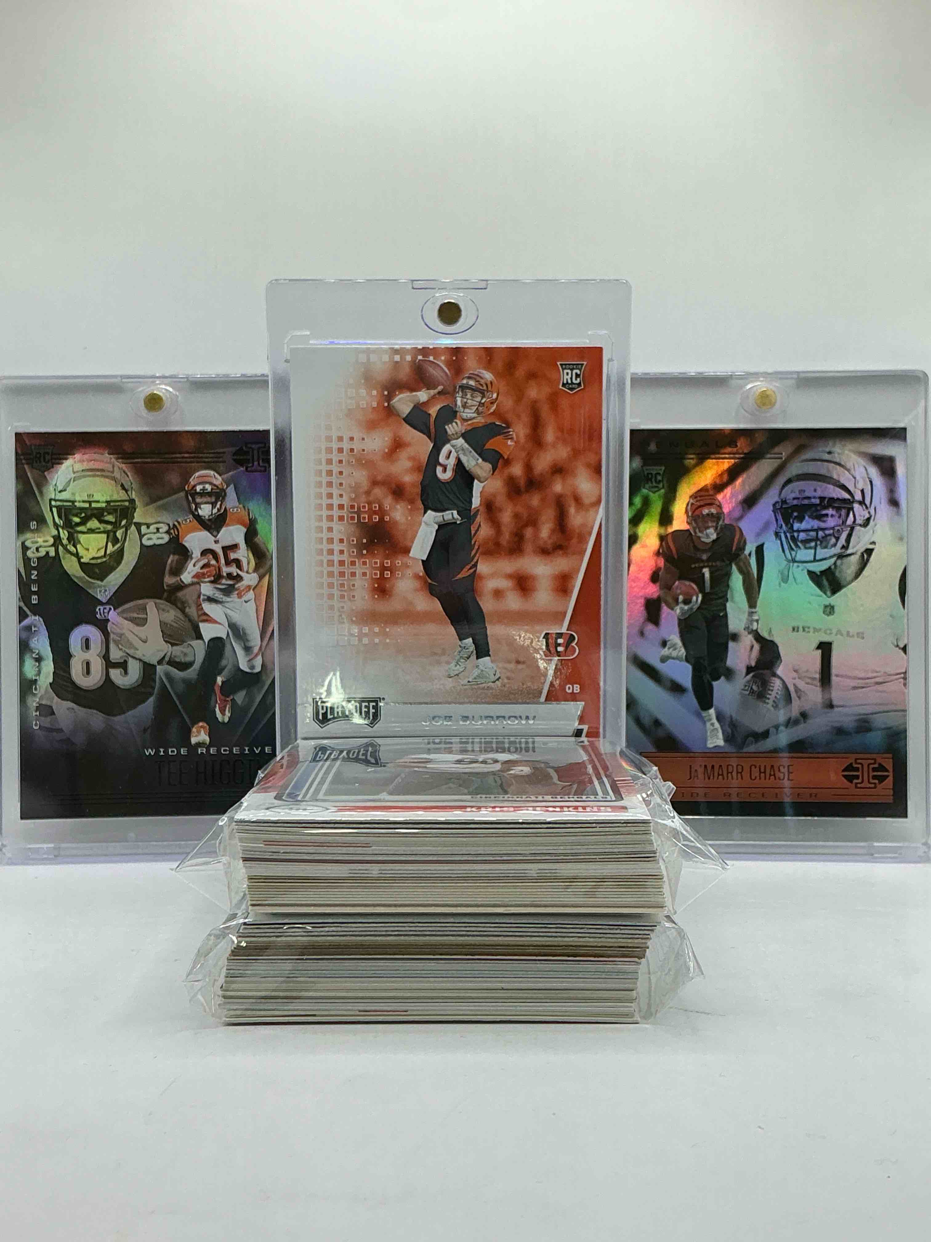 Joe Burrow, Ja’marr Chase & Tee Higgins Rookies! Joe Burrow Playoff Rookie, Illusions Chase & Higgins Match, Optic Rookies, Jersey Cards & More! Insane 50 Card Lot, Featuring Vintage & New Bengals