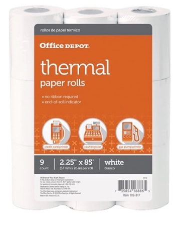 office depot thermal paper rolls, 2 1/4in. x 85ft., white, pack of 9, 109317