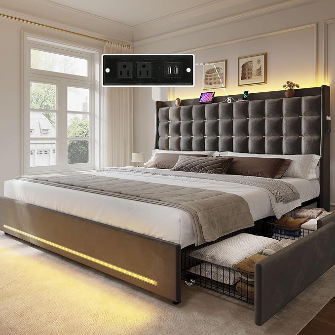 only 1 box incomplete. YITAHOME King Size Bed Frame with 4 Drawers and RGB LED Lights, Velvet Upholstered Platform Bed with