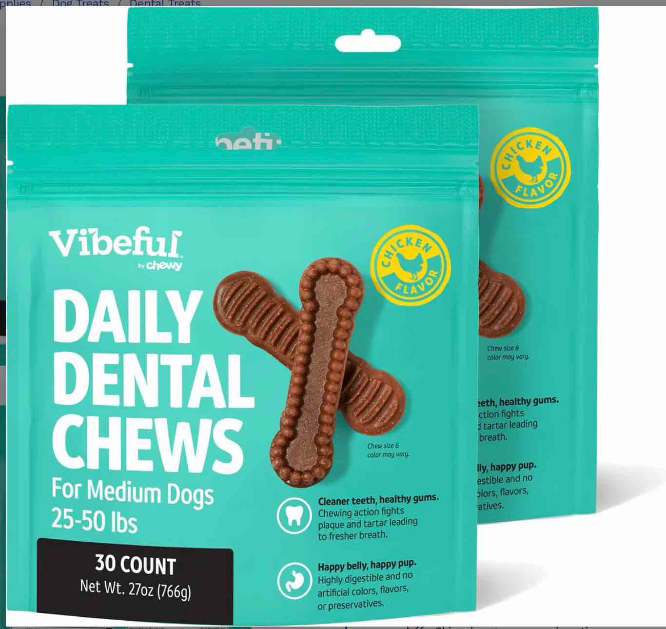 (BB Mar 09/2026) Vibeful Small Daily Dental Chews for Dogs, Chicken Flavor, 30 count