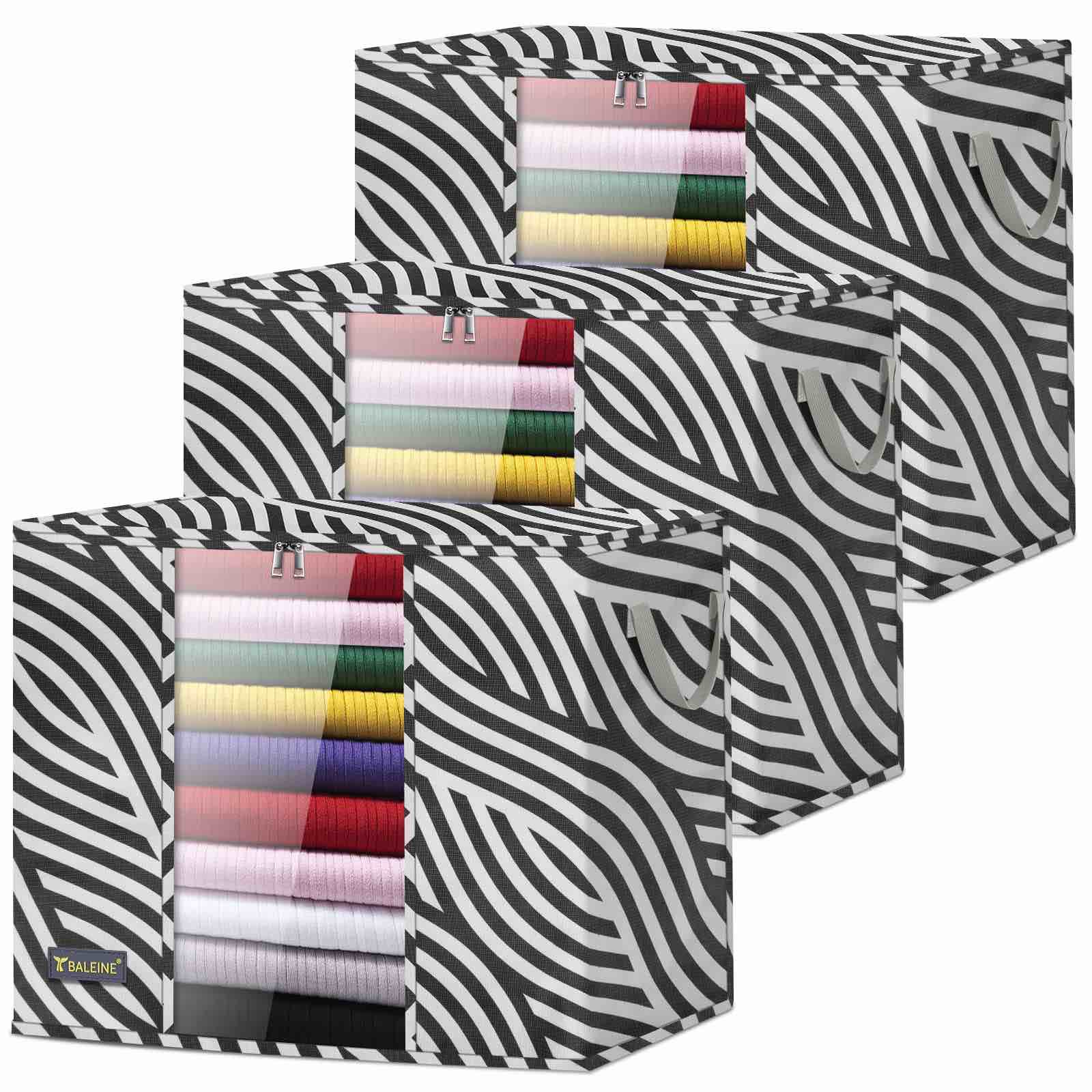 BALEINE 3-Pack Closet Storage Bags with Clear Window, Heavy-Duty Oxford Under Bed Storage for Comforters, Bedding, Clothing Storage with Reinforced Handles & Sturdy Zippers (Jumbo, Zebra Stripe)