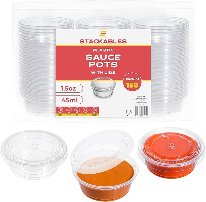 Pack of 150 Stackables Plastic Sauce Pots With Lids 1.5oz.