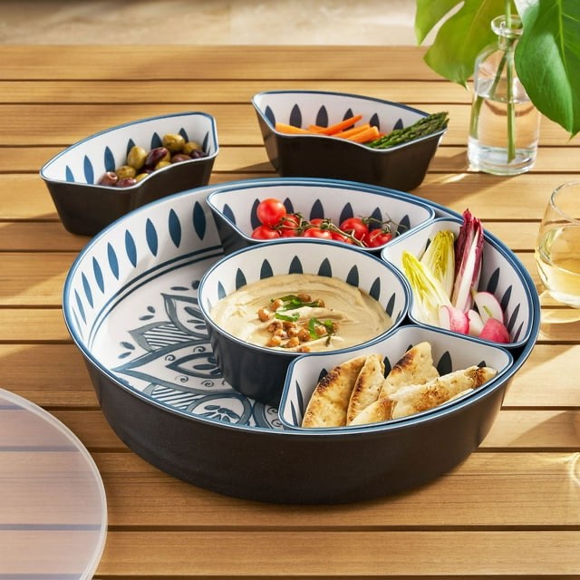 member's mark bamboo melamine 6-section serving platter with lazy susan base and storage lid