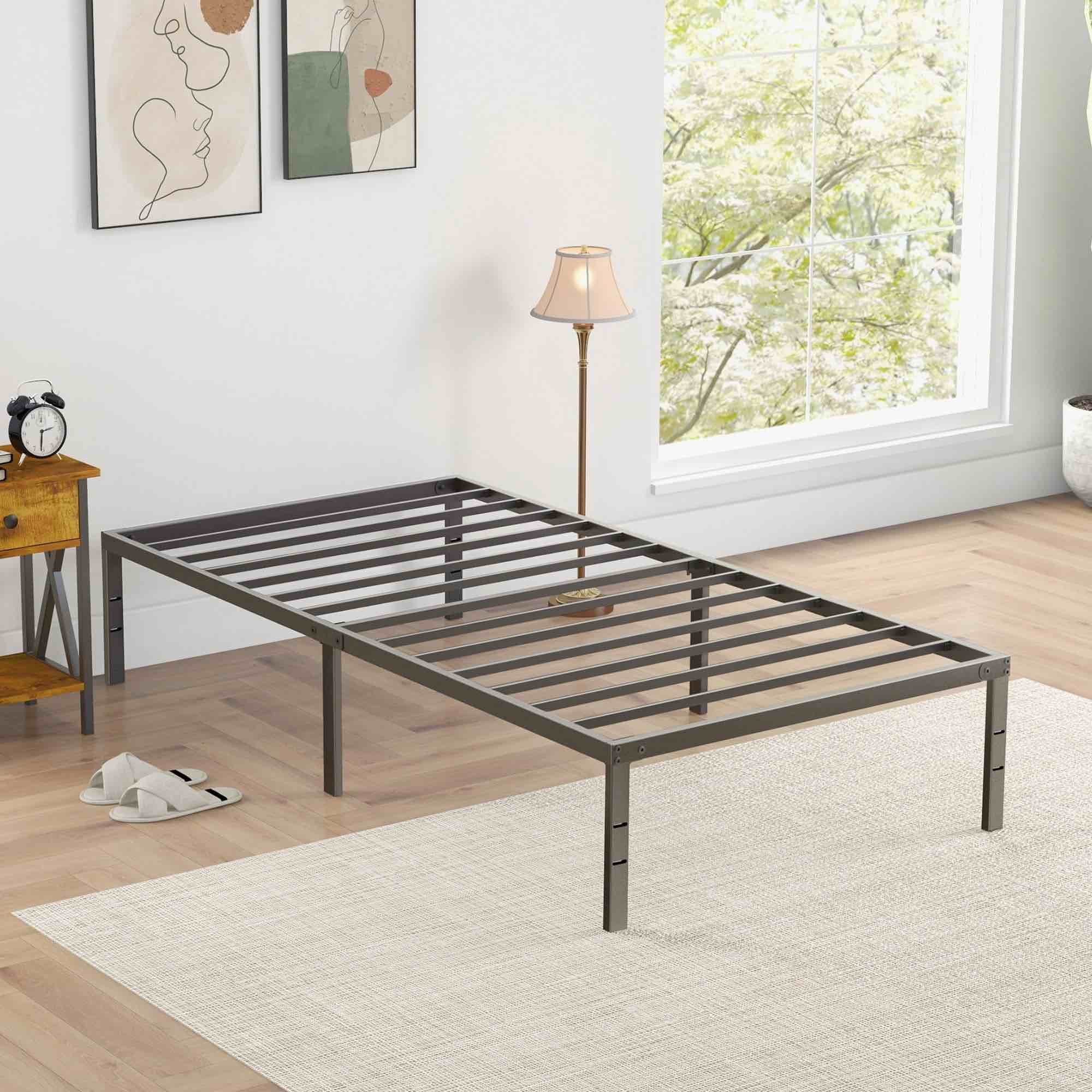heavy duty metal twin bed frame with under bed storage - 14 inches high, sturdy steel slat support, no box spring required, platform bed frame