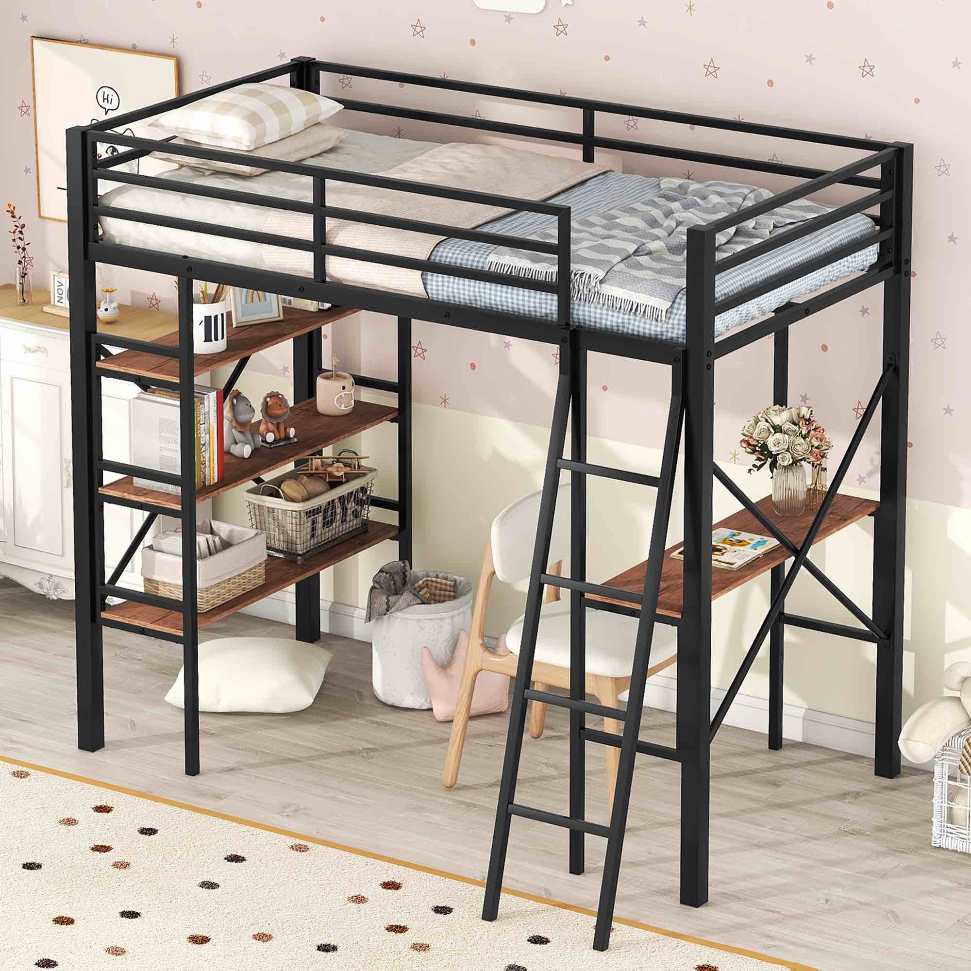 (Incomplete Item, Only Box 1 of 2) Twin Size Metal Loft Bed with Shelves and Desk, Black