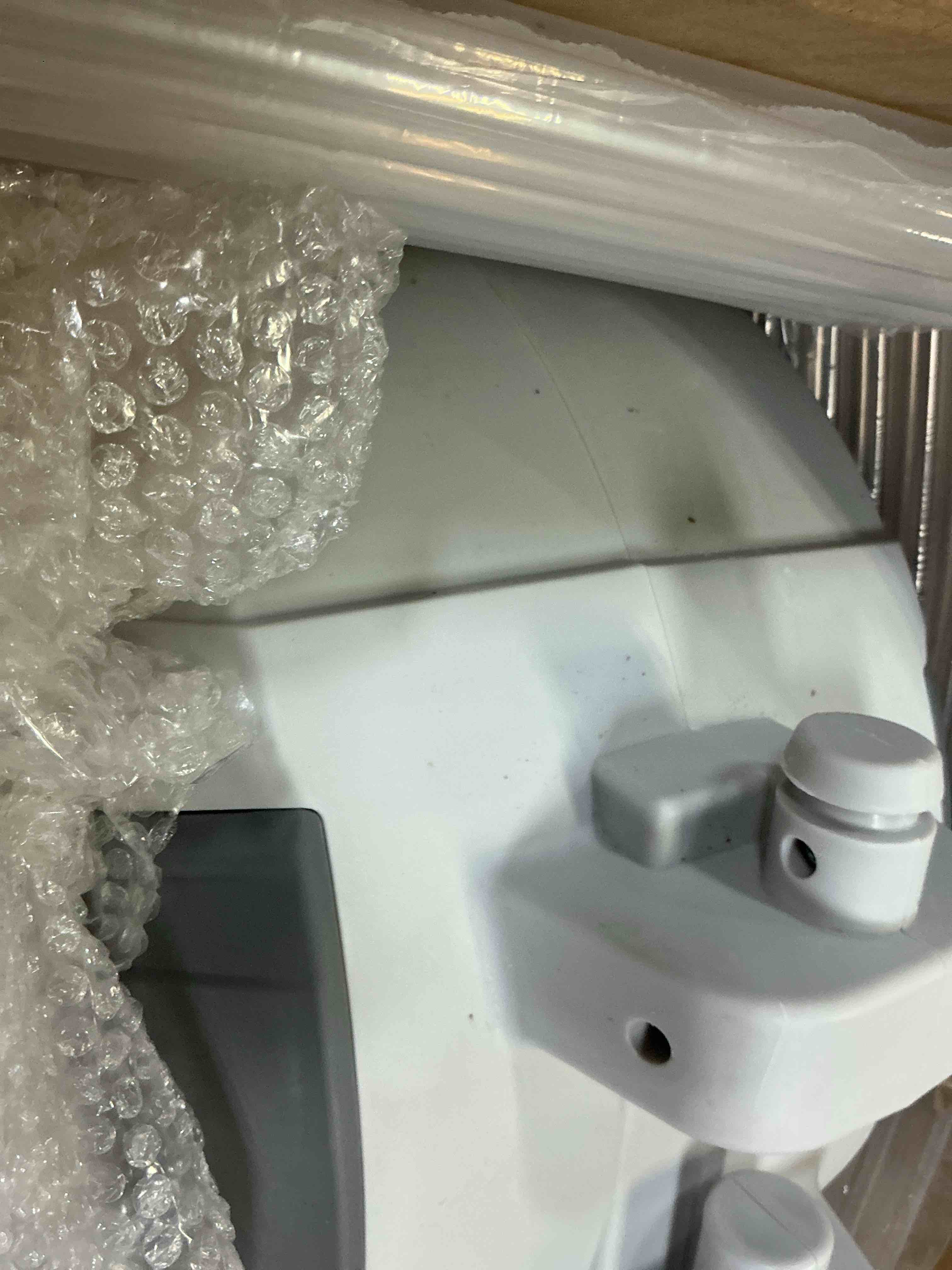 Condition photo showing As Is for ayleid retractable garden hose reel,5/8 in x 100 ft wall mounted hose reel, with 9- function sprayer nozzle, any length lock/slow return system/wall mounted/180°swivel bracket (gray) light gray 5/8 100ft