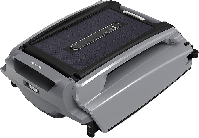betta se plus - solar powered robotic pool skimmer with dual charging options and 30-hour continuous cleaning battery power, shallow water safeguard, and twin salt chlorine tolerant motors