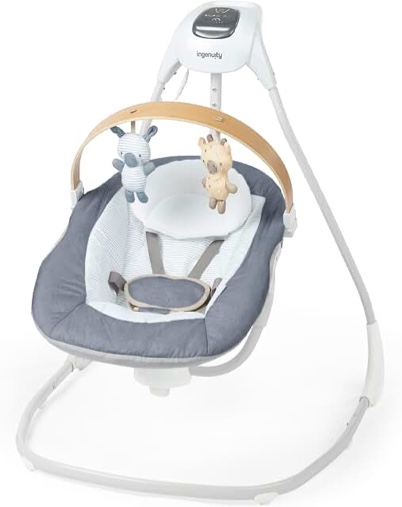 Ingenuity Simple Comfort Compact Swing with Wood Toy Bar - Chambray
