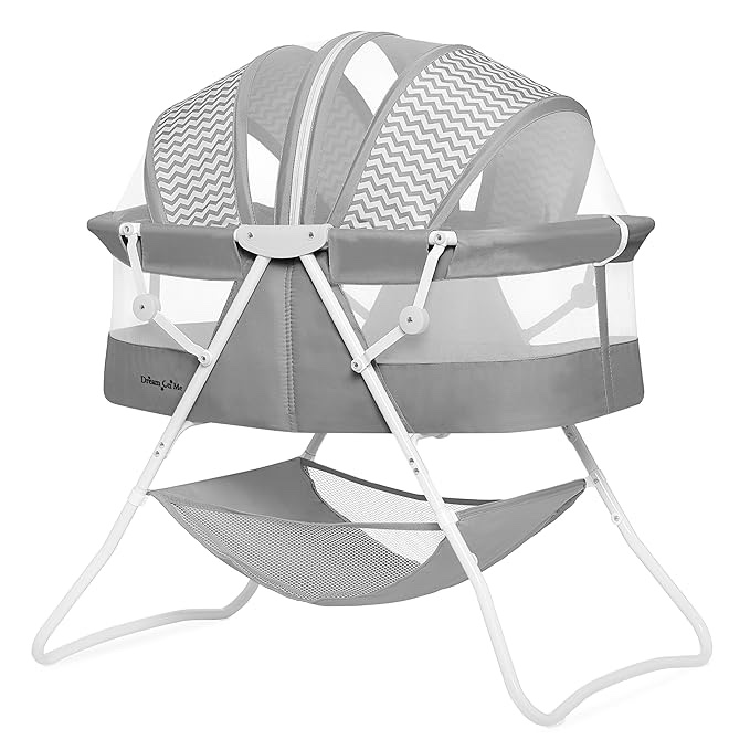 Karley Bassinet in Grey, Lightweight Portable Baby Bassinet, Quick Fold and Easy to Carry , Adjustable Double Canopy, Indoor and Outdoor Bassinet with Large Storage Basket.