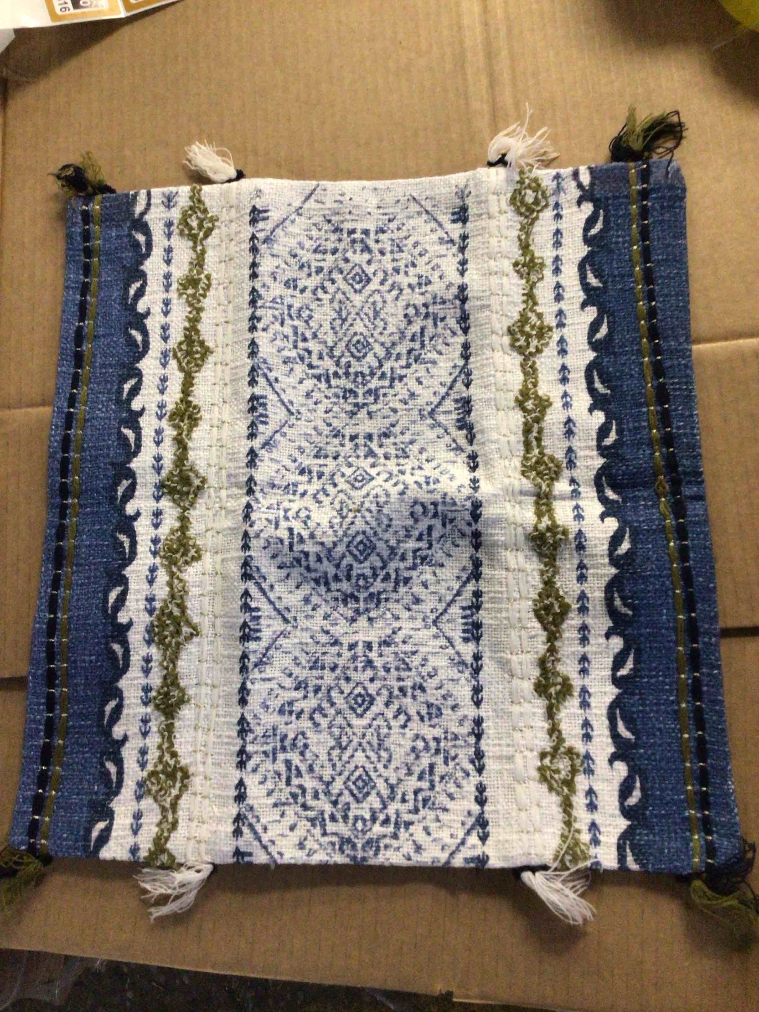 Blue, Natural 18inx18in Rustic Boho Pillow With Tassels, No Fill