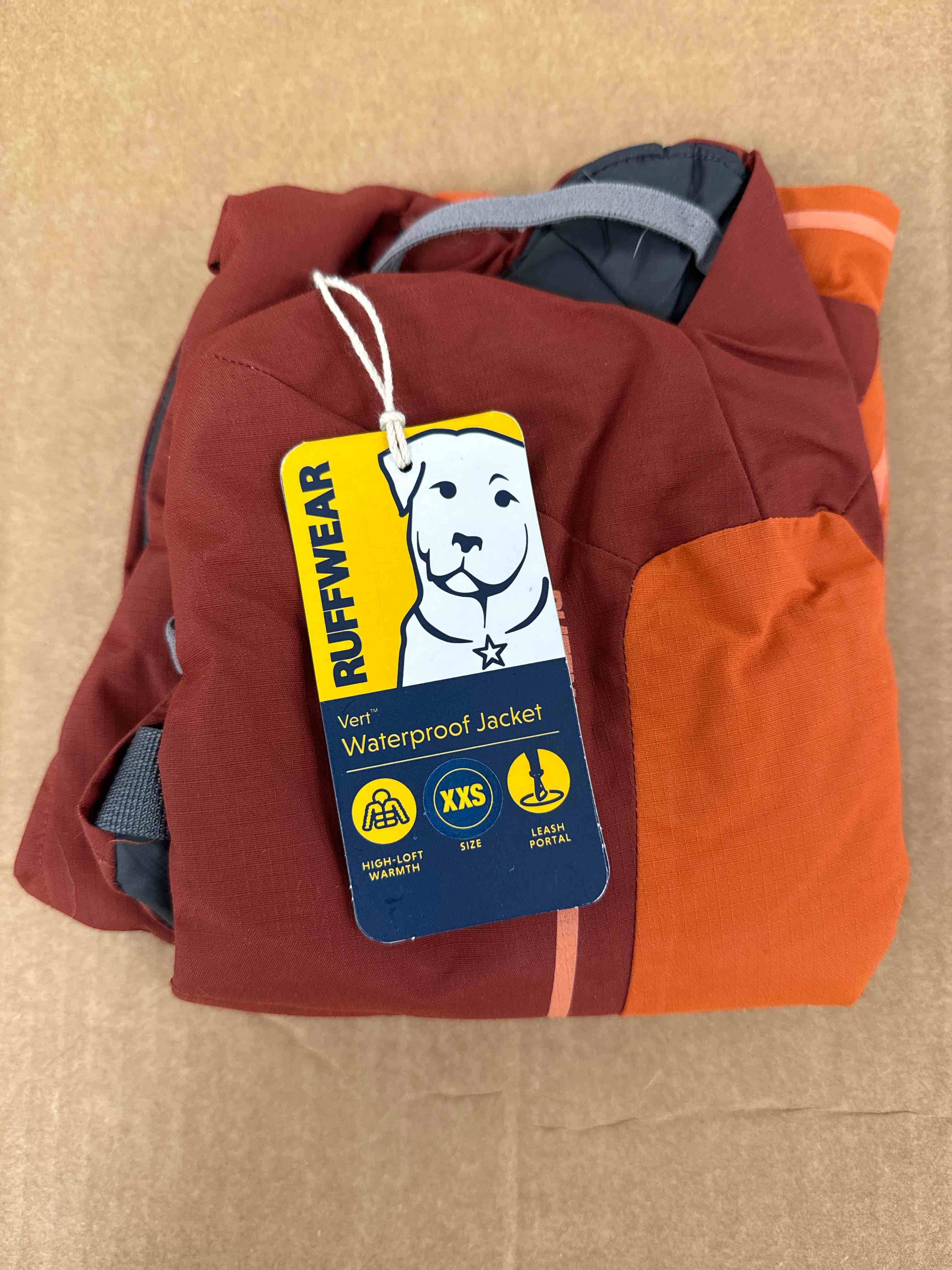 Condition photo showing Good Condition for Ruffwear, Vert Dog Winter Jacket, Insulated Waterproof Dog Coat with Harness Leash Portal, Breathable Design with Leg Loops, Windproof Extended Coverage, Reflective Trim, Canyonlands Orange, XX-Small