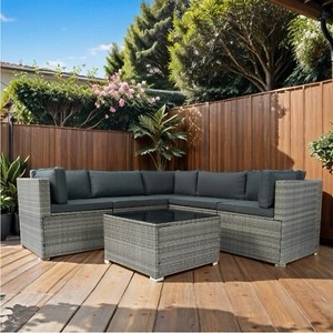 ( incomplete 1 boxes 4)(missing 1of 4 and, 2 of 4 and, 4 of 4)6 Piece PE Rattan Wicker Outdoor Furniture Sofa Set with Dark Gray Cushions
