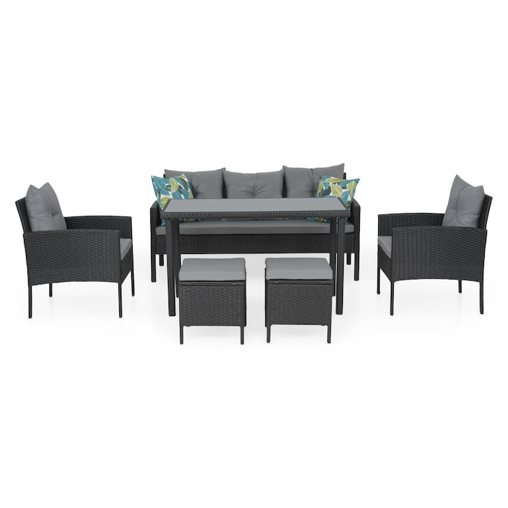 ( incomplete 2 boxes of 3 )(missing 1 of 3) Set mobilier gradina/terasa, 2 fotolii, 2 tabureti, canapea si masuta, Maison Mex CLARY, negru/gri.