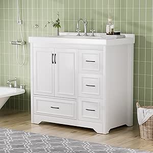 Modern Bathroom Vanity Cabinet with Sink, 35.8W x 19.7D x 35.4H inches, White, 2 Doors 4 Drawers, Does not include hand wash