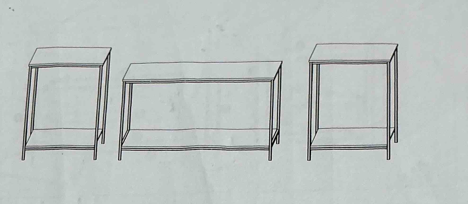 Table with metal legs and two gray chairs