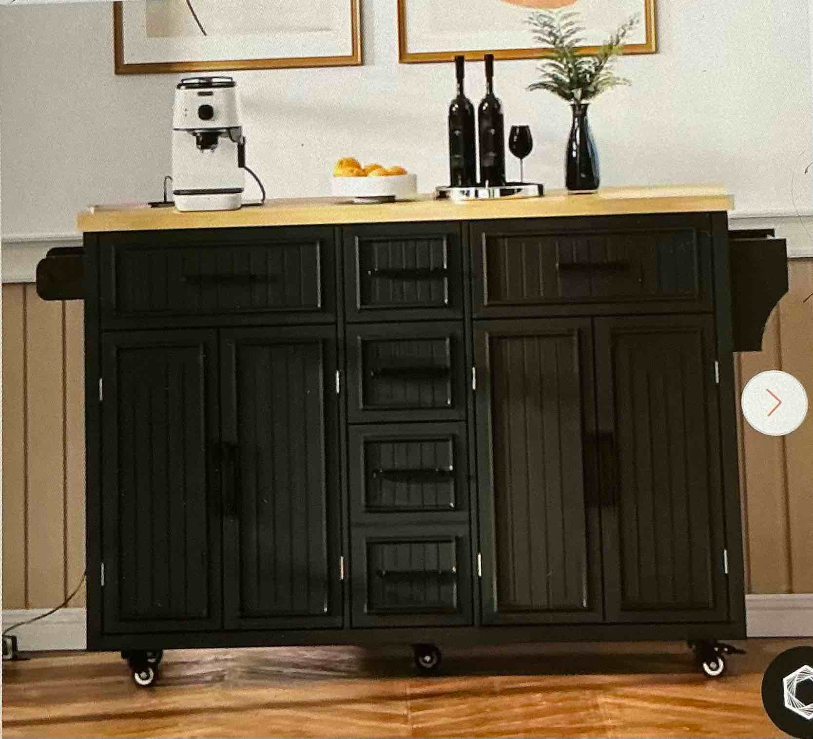Black Wood 56.5 in. Kitchen Island with Power Outlet and Drop Leaf