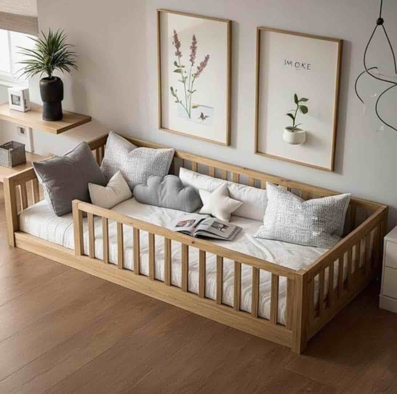 Twin Size Floor Bed for Kids, Wood Montessori Floor Beds with Fence Railings, Door & Slats Support, Twin Playhouse Bed Frame for Boys Girls, No Box Spring Needed, Natural