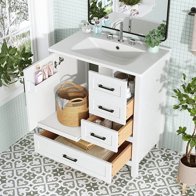 Bathroom Vanity with 30" Sink, Modern Wood Pedestal Bathroom Spacious Storage Space Cabinet with 3 Soft Close Drawers & Soft Close Door, White