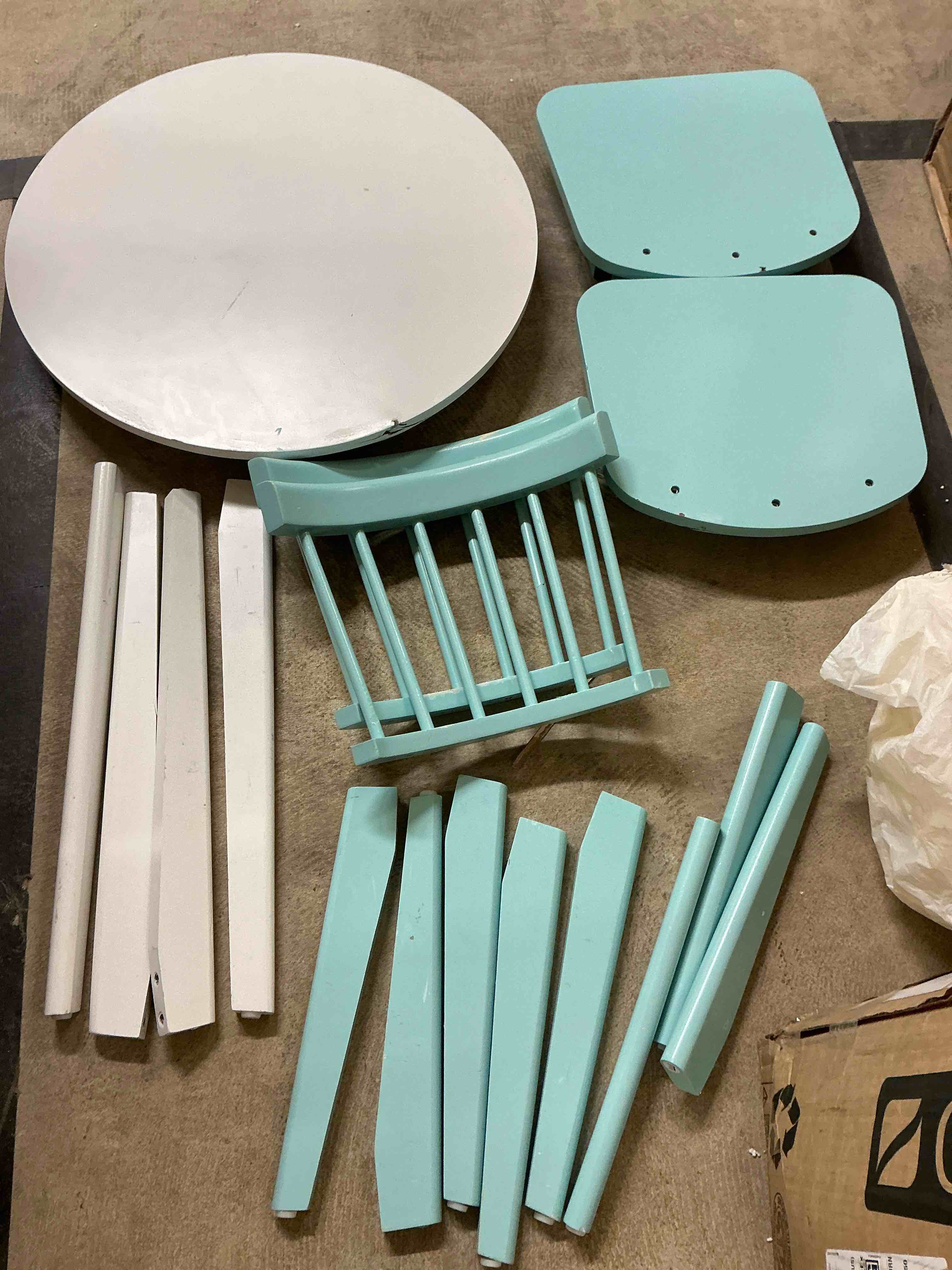 Small table for children with two chairs, white and light blue