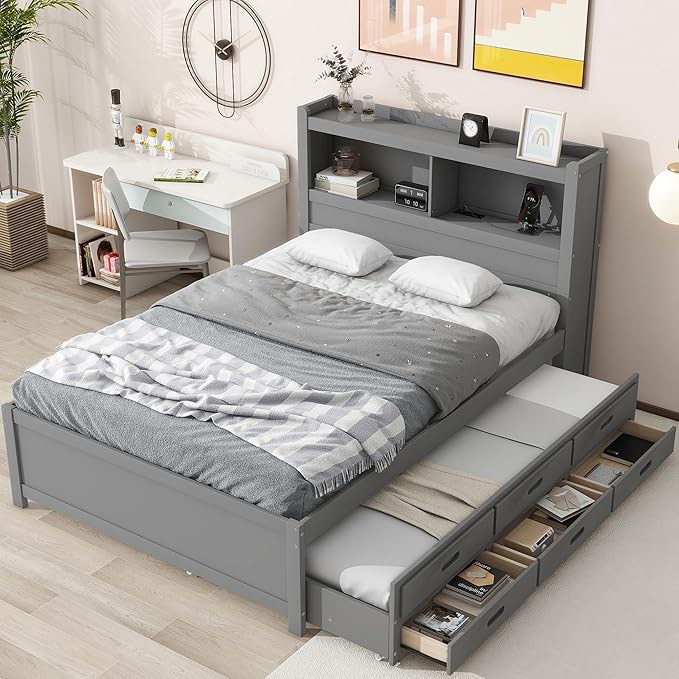 Harper & Bright Designs Full Size Platform Bed with Trundle, Drawers and Bookcase Headboard with USB Plugs, Hardwood Full Size Bed Frame, No Box Spring Needed - Gray ( incomplete 1 box of 2.    missing box 2 of 2).  