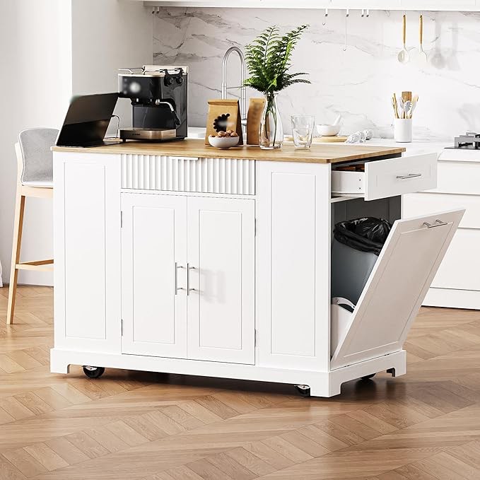 Kitchen Island Cart, Fluted Kitchen Island with Trash Can Storage Cabinet, Power Outlet and Internal Storage Rack, Moveable Rolling Breakfast Bar on 5 Wheels with Drawers and Open Side Racks, White