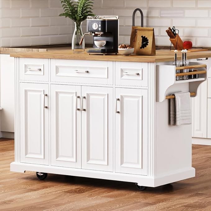 54" Large Kitchen Island with Rubber Wood Drop Leaf, Rolling Cart on 4 Wheels, 4 Doors and 3 Drawers, Storage Cabinet for Kitchen and Dining Room, White
