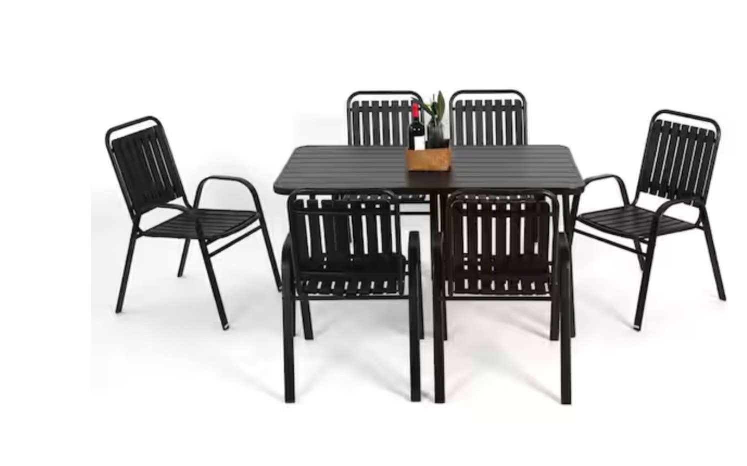 Black 7-Piece Plastic Chair and Steel Rectangular Outdoor Dining set color BROWN