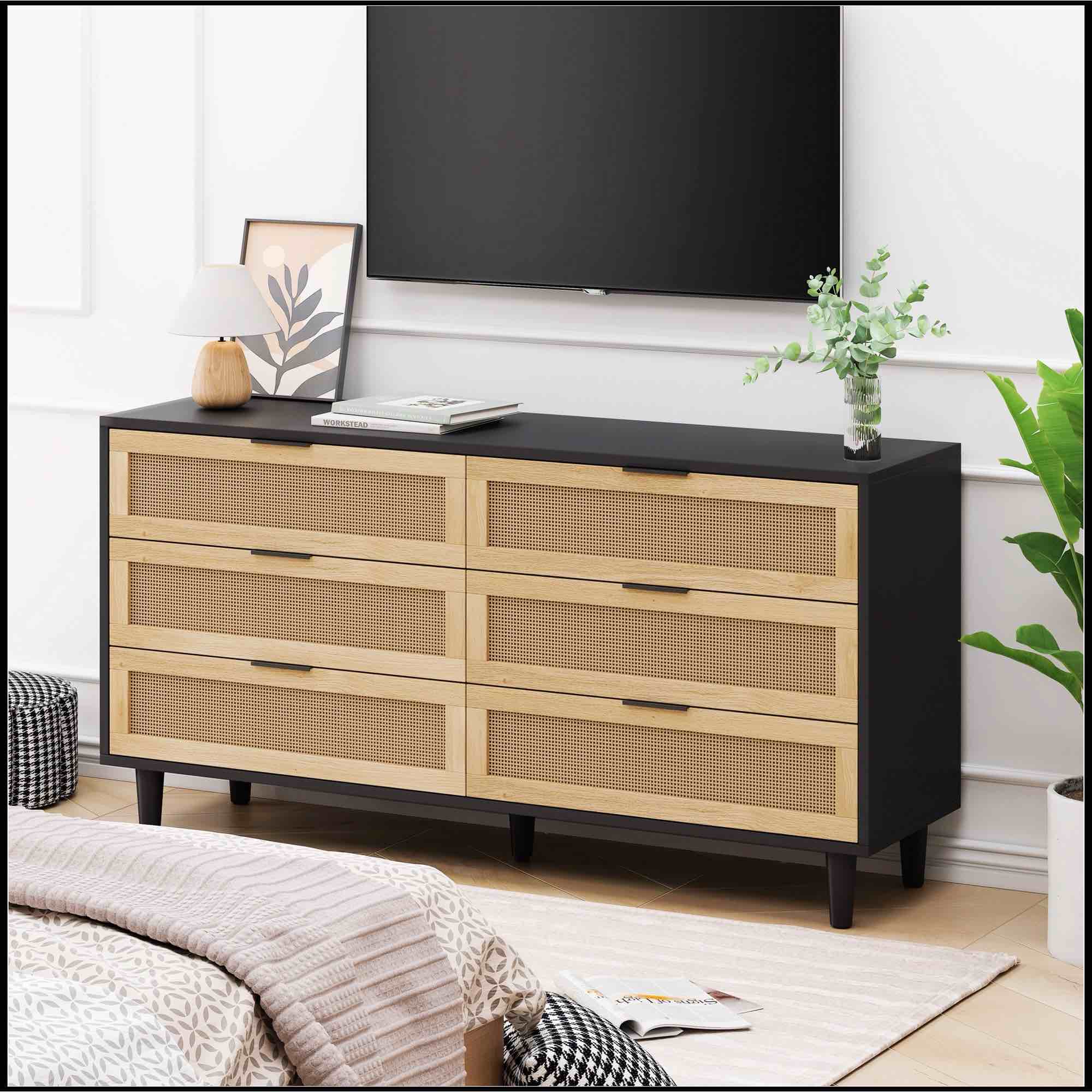 59.06"6-Drawers Rattan Storage Cabinet Rattan Drawer with White Drawer Slides,for Bedroom,Living Room,Black