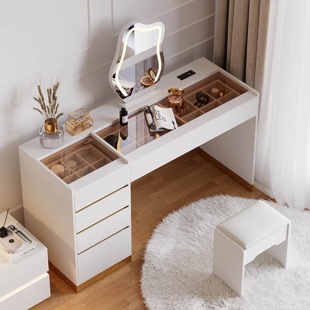 modern makeup vanity set with lighted mirror and charging station