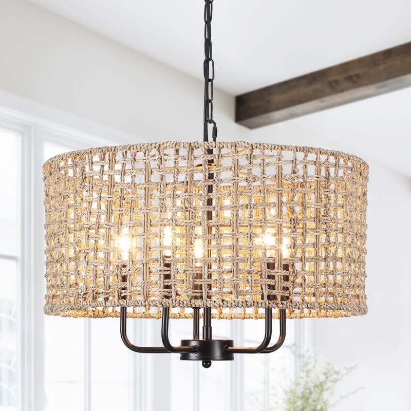 Ekkehard 5 - Light Dimmable Drum Chandelier Natural Rattan Bohem