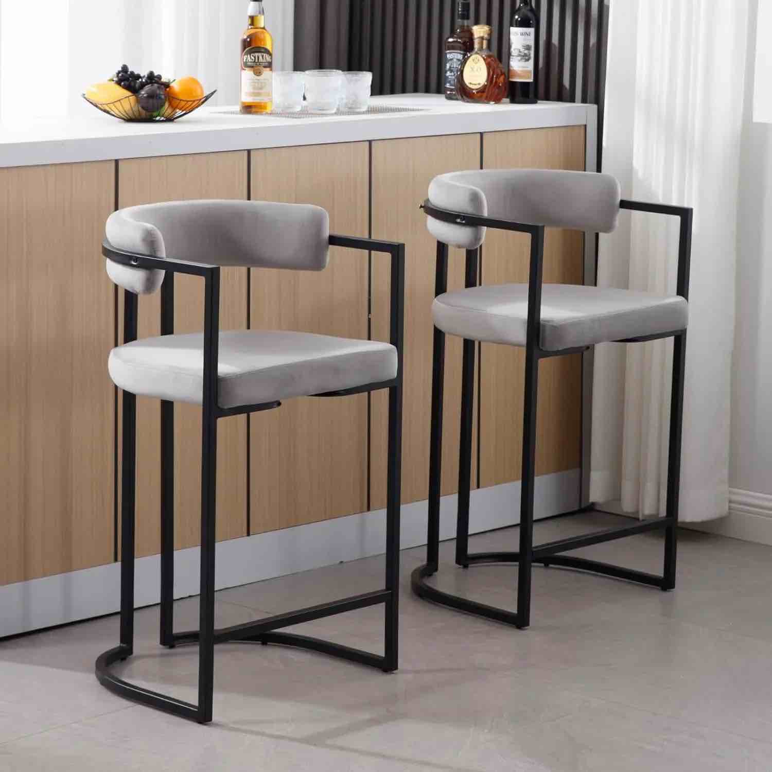 Modern Upholstered Hollow Bar Stool With Armrests And Footrests, grey